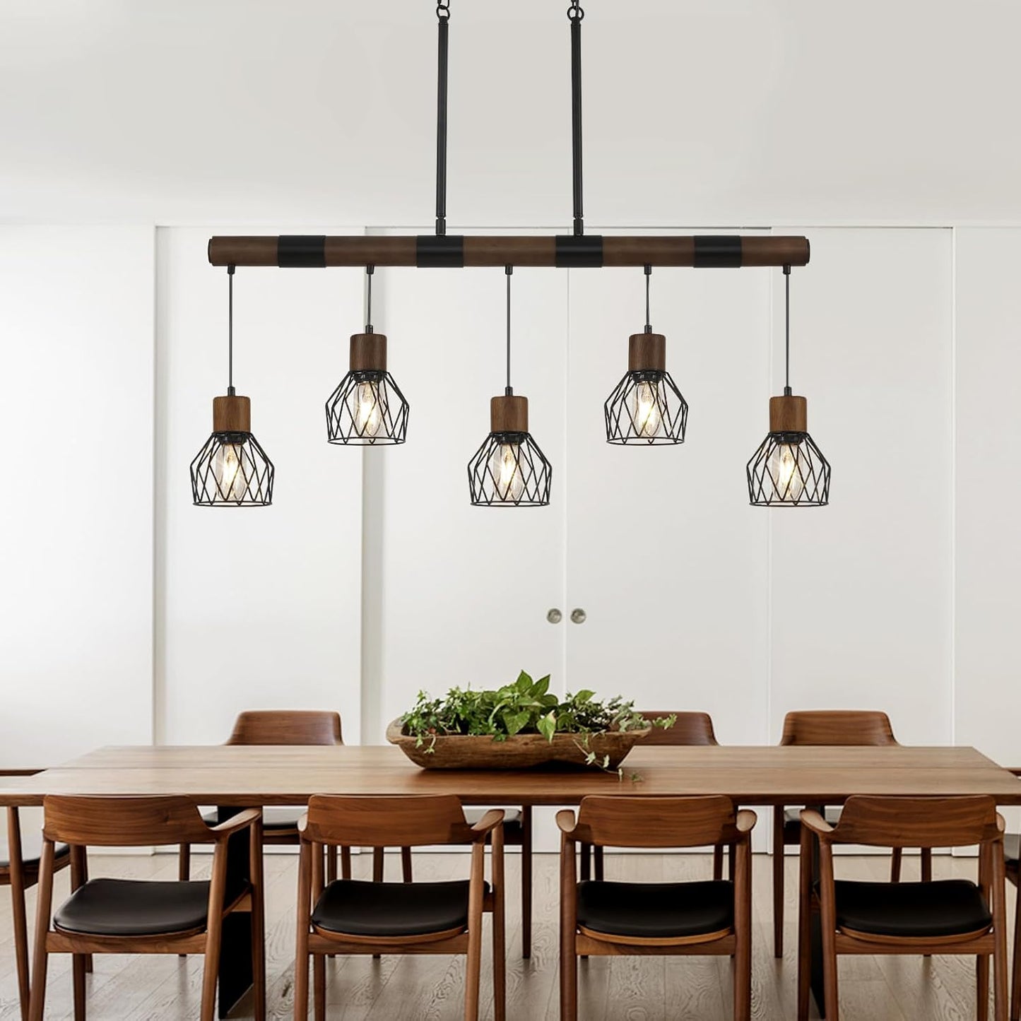 Dining Room Light Fixture Over Table, Farmhouse 5-Light Kitchen Island Lighting, Chandeliers for Dining Room, Matte Black Rustic Wood Ceiling Pendant