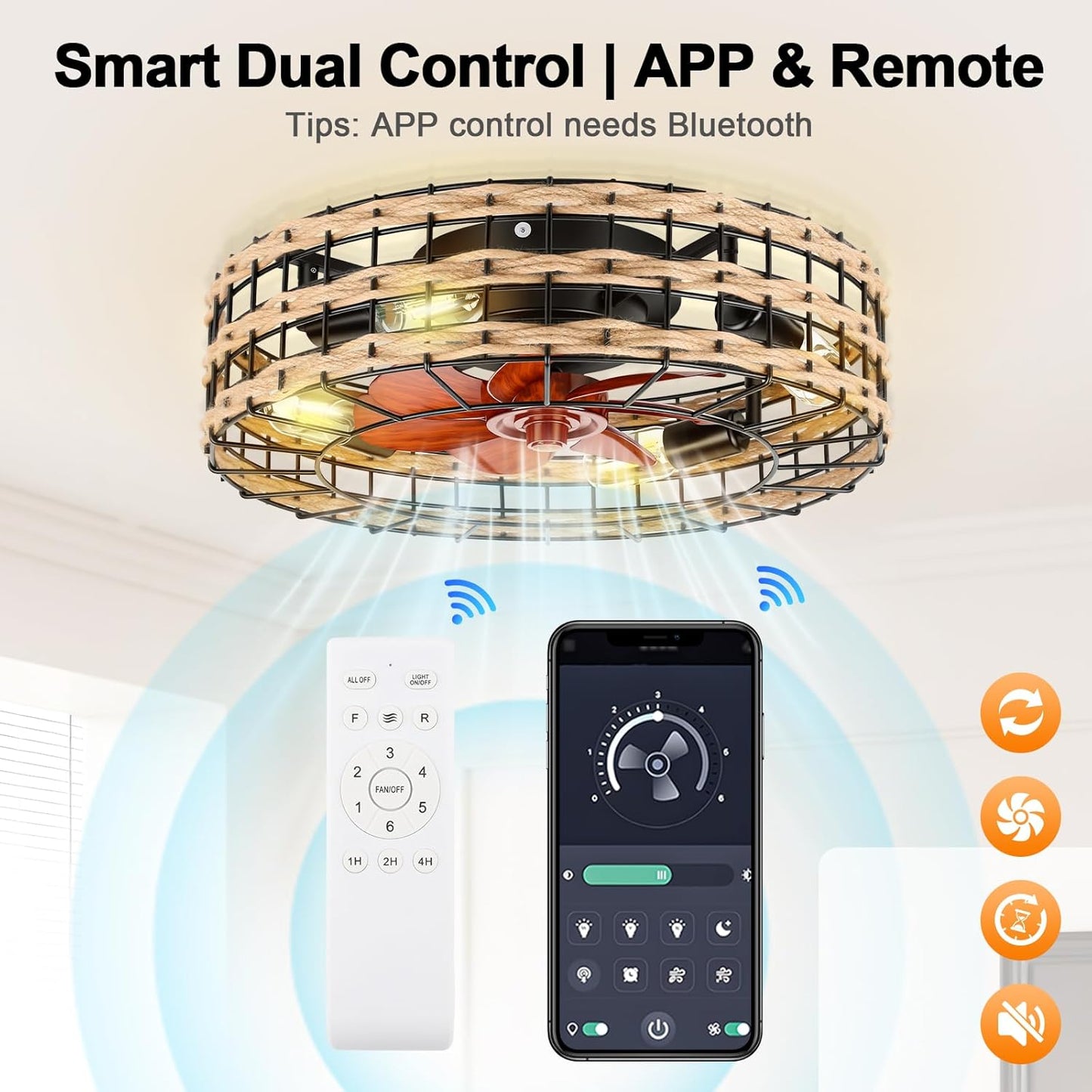 Low Profile Flush Mount Fandelier, Caged Ceiling Fan with Remote, Black Bladeless Enclosed Small Ceiling Fan Lights Fixtures for Bedroom Farmhouse (Rattan)