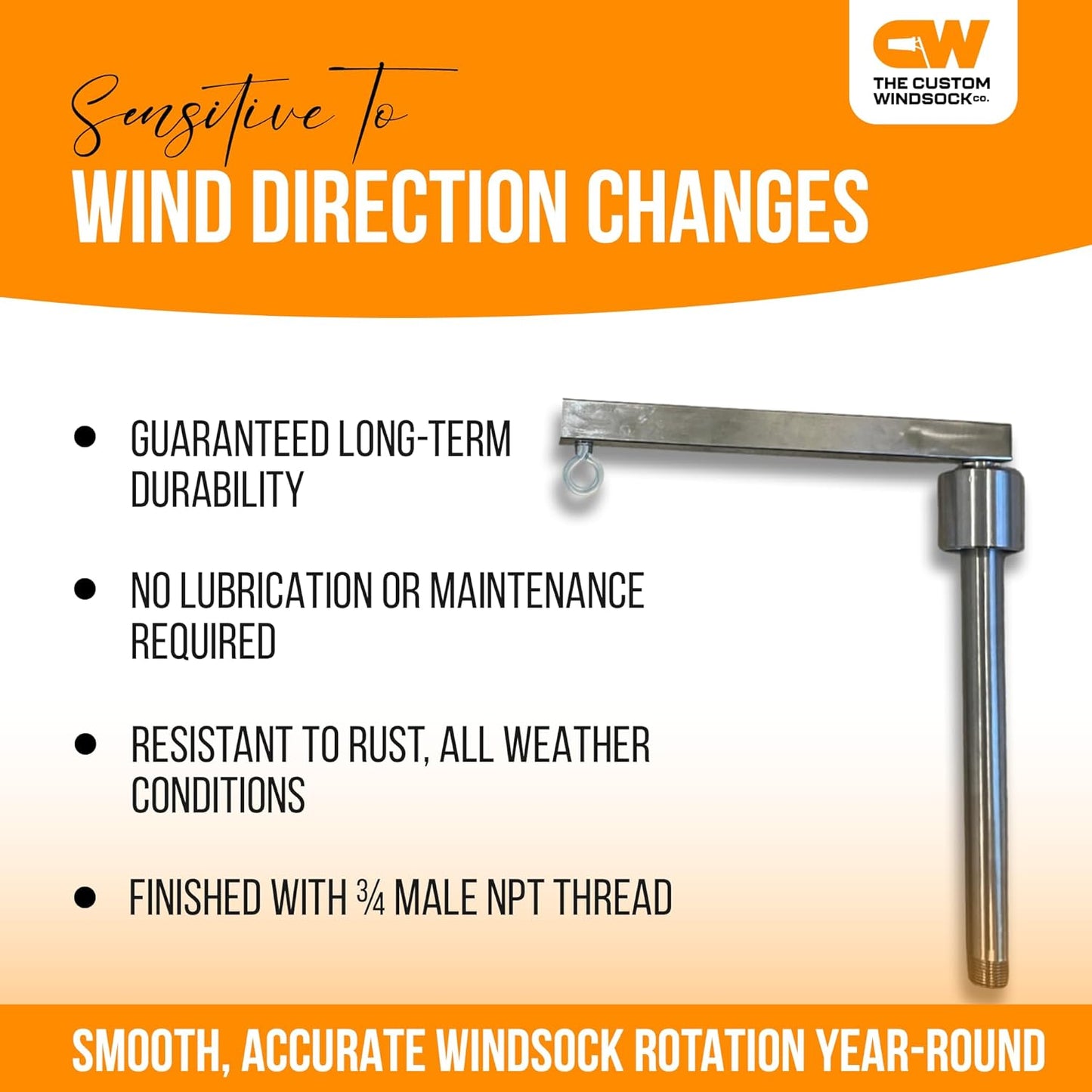 Heavy-Duty Windsock Pivot Arm – 304 Stainless Steel Build with 3/4" NPT Male Threading | Smooth 360° Rotation | Dual Ball Bearings | Threaded Mount for Accurate Wind Direction & Industrial Use