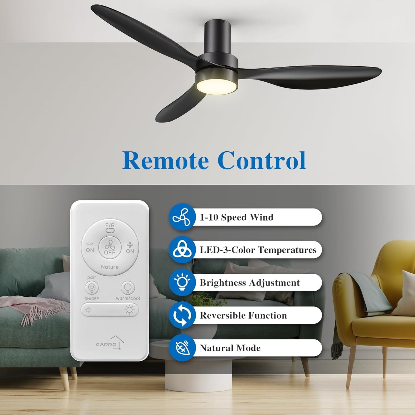 Carro 52 Inch Black Flush Mount Ceiling Fan With Lights And Remote, 10 Speeds Reversible DC Motor Ceiling Fan, Suitable for Any Indoor Space, Quiet