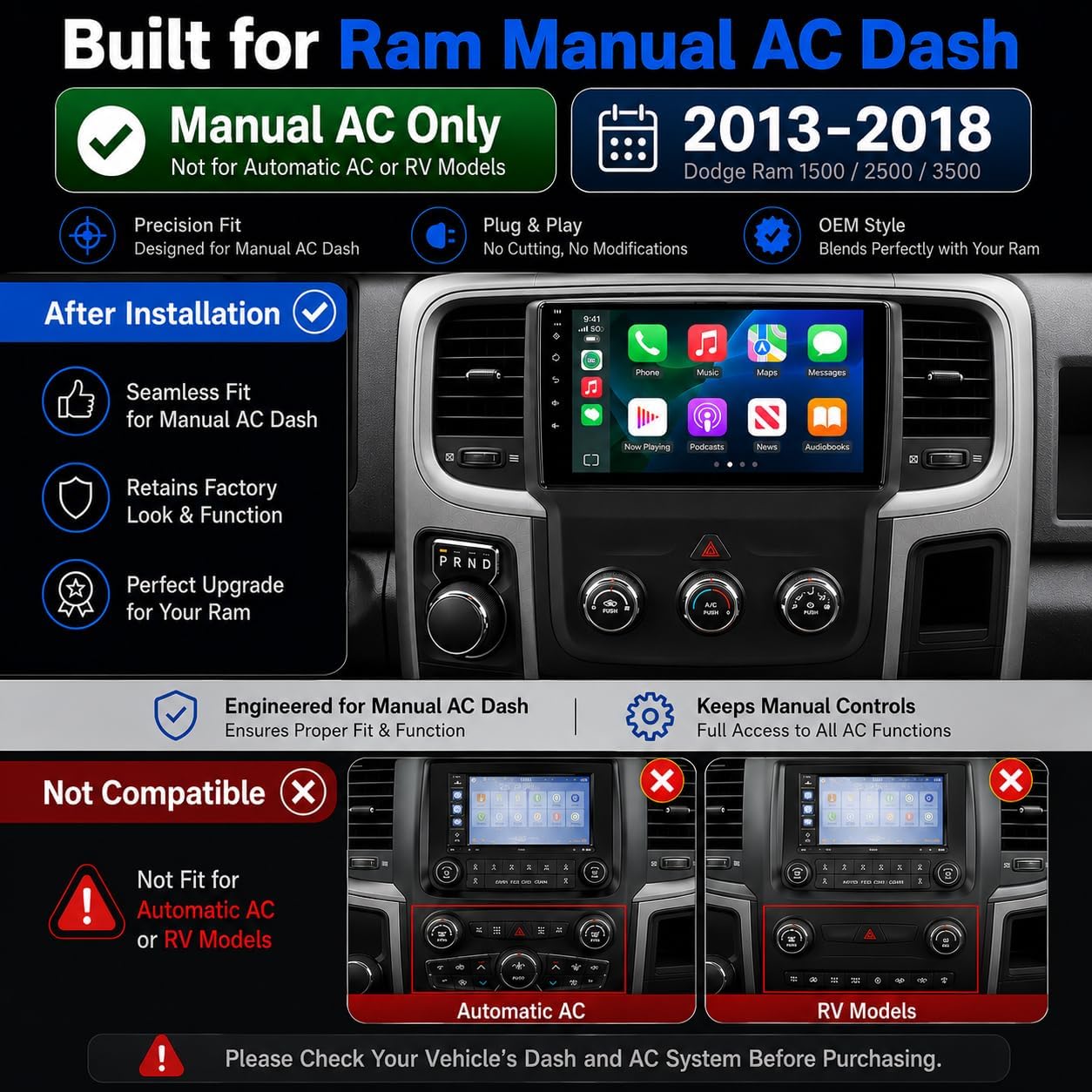 Car Stereo for Dodge Ram 1500 2500 3500 2013 2014 2015 2016 2017 2018, 9" Android 13 Touchscreen Radio, Wireless CarPlay Android Auto, GPS, Bluetooth, Backup Camera, Manual AC Only Dodge RAM 1500 2500 3500 2013 2014 2015 2016 2017 2018 Manual AC