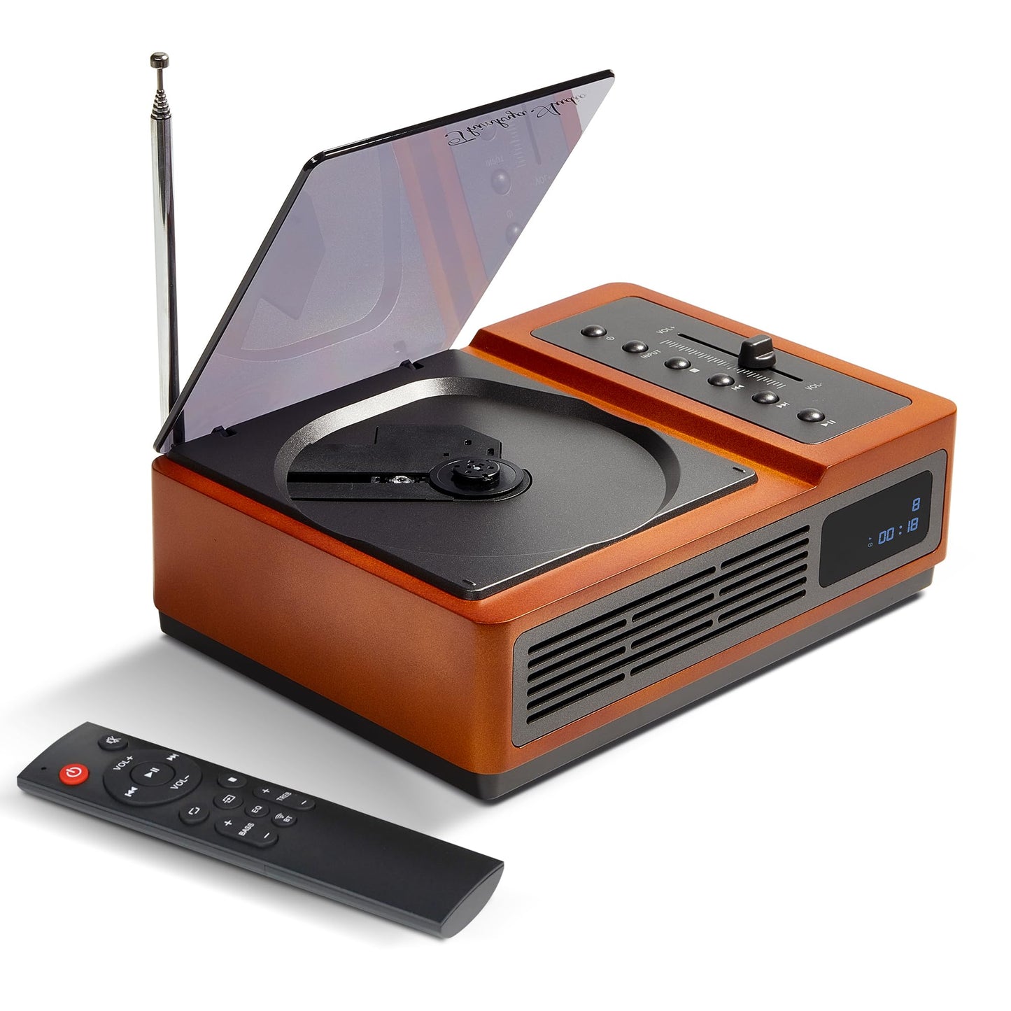 R02 Retro CD Player with FM Radio, Bluetooth 5.3 Transmitter & Receiver, Dual Stereo Speakers, Rechargeable Battery, USB/SD Playback, Home Audio System, Brown