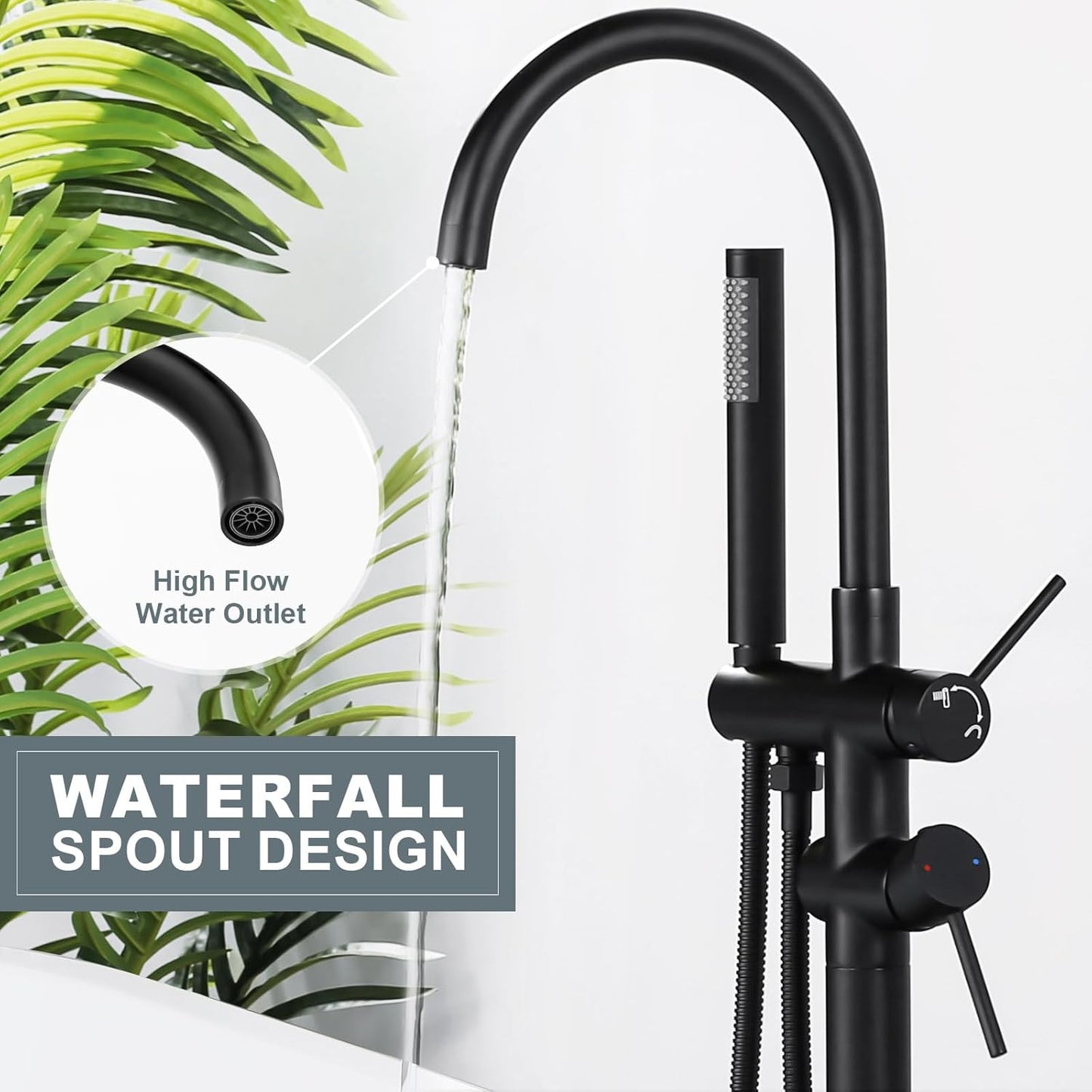 Freestanding Tub Filler Faucet, Floor Mount Matte Black Bathtub Faucet with Single Handheld Shower for Bathroom, Brass Shower Tub Faucet Set