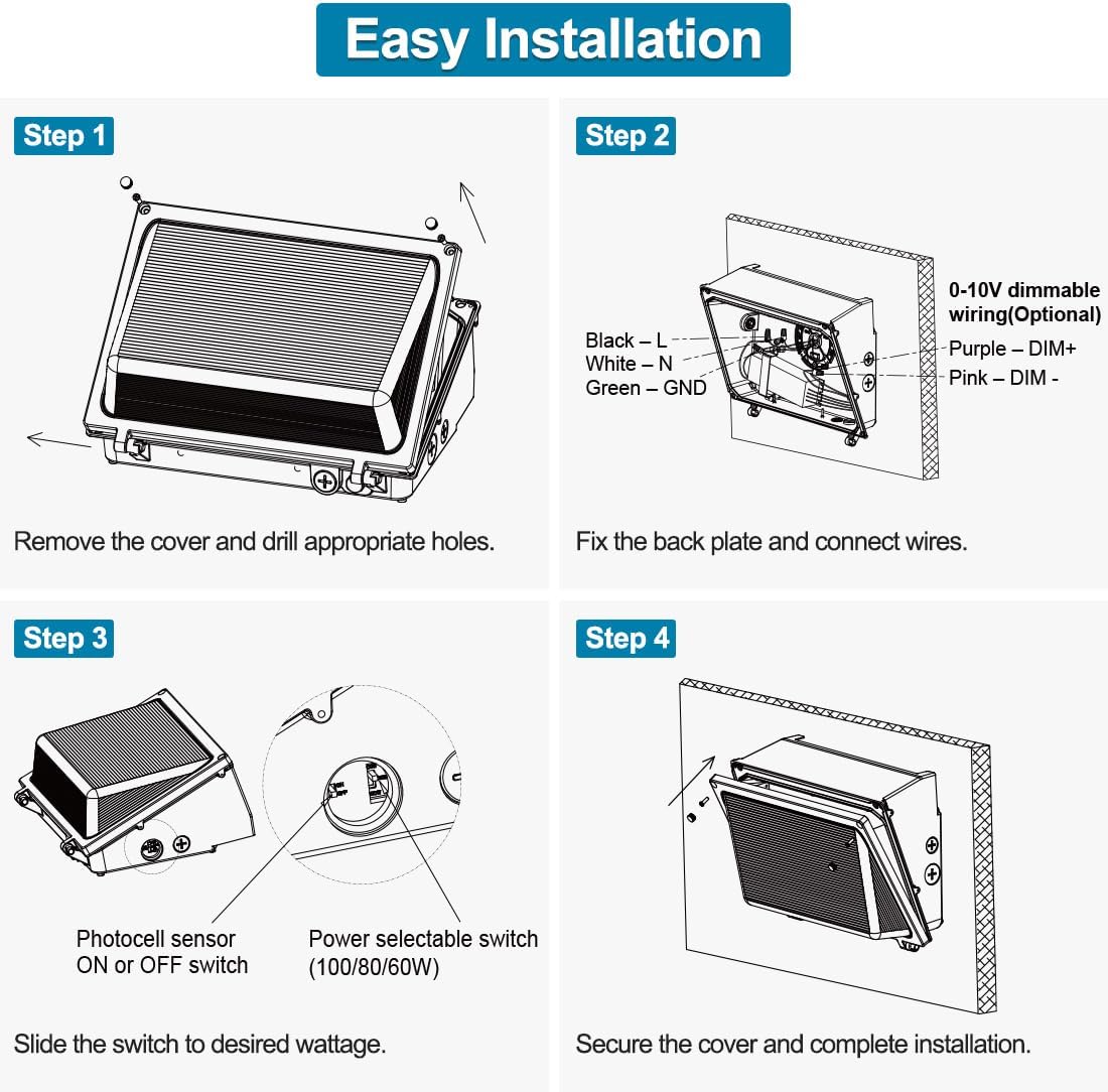 4-Pack 100W LED Wall Pack Light with photocell, 120W/100W/80W Switchable, Dusk to Dawn LED Outdoor Lighting Fixture, 5000K Daylight 120-277V