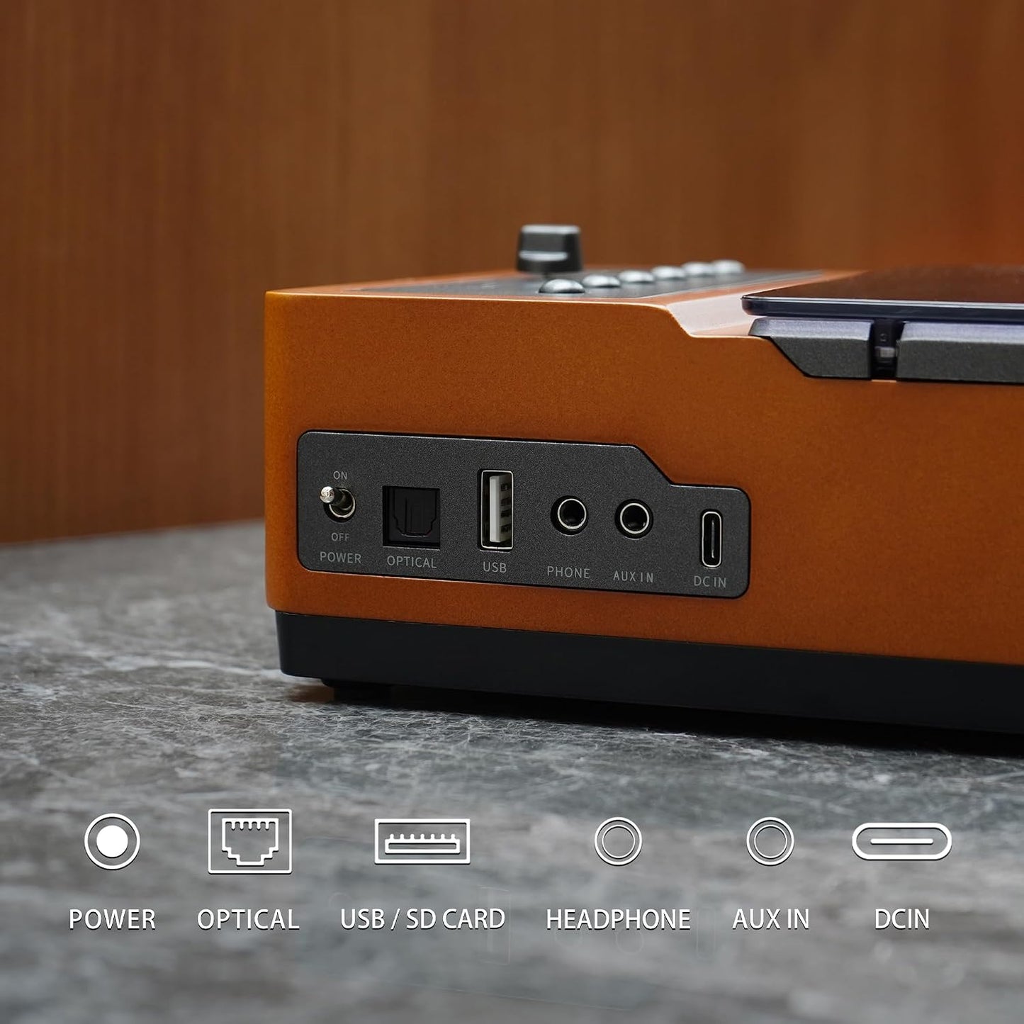 R02 Retro CD Player with FM Radio, Bluetooth 5.3 Transmitter & Receiver, Dual Stereo Speakers, Rechargeable Battery, USB/SD Playback, Home Audio System, Brown