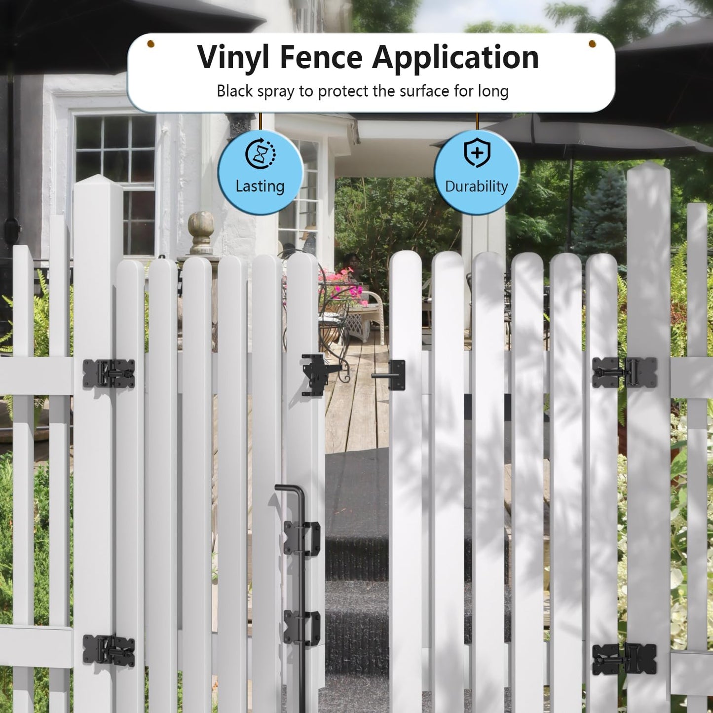 JZVXX Self Closing Fence Gate Hinges, Latch, and 24' Gate Cane Bolt - Easy to Install, Sturdy and Durable - Black Plastic Spraying - Safe and