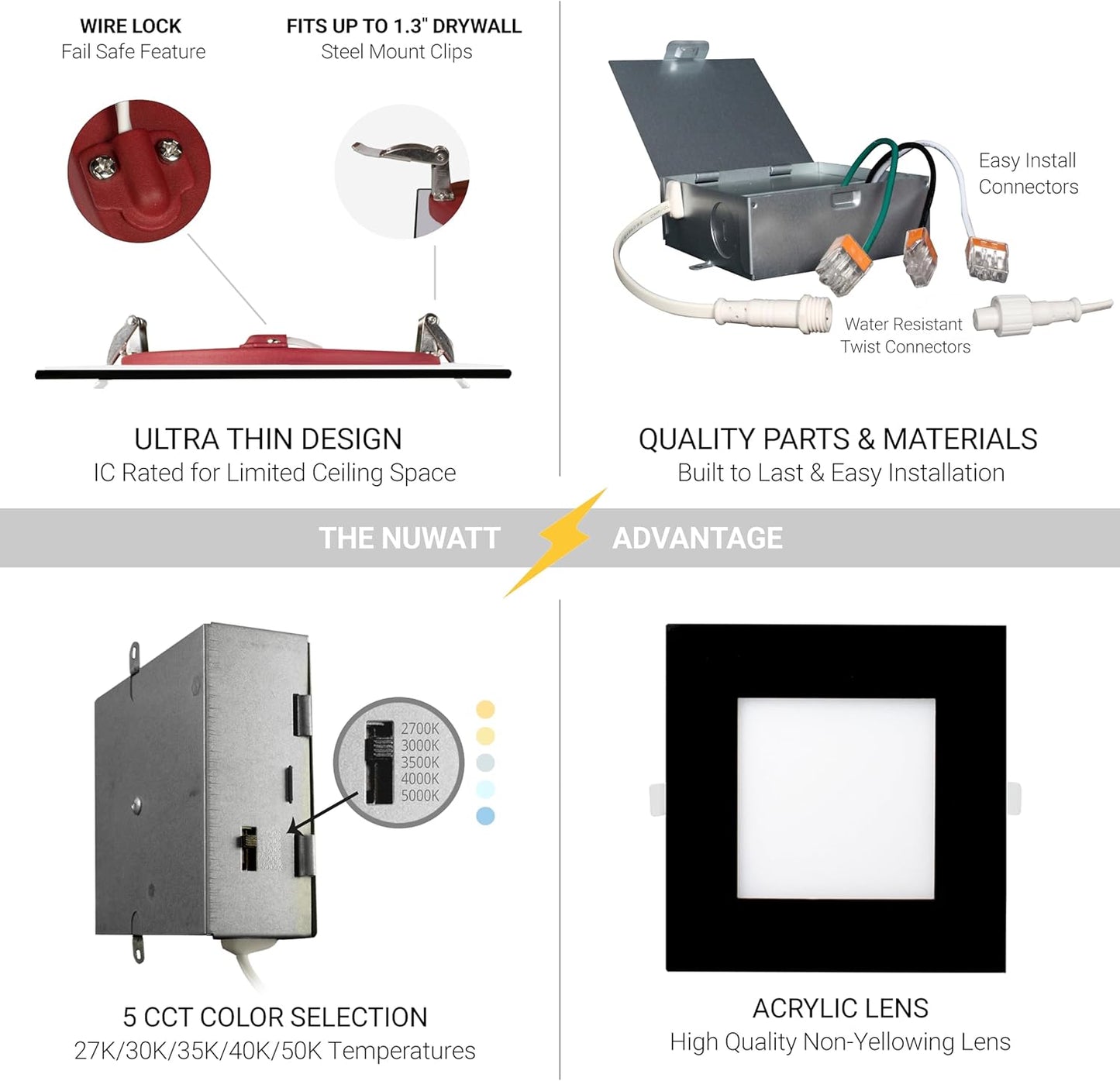 LED Recessed Light 6 Inch 2 Hour FIRE Rated , 2700K/3000K/3500K/4000K/5000K Selectable, 1200 Lumen Dimmable, IC Rated, Square Black Trim Ultra-Thin