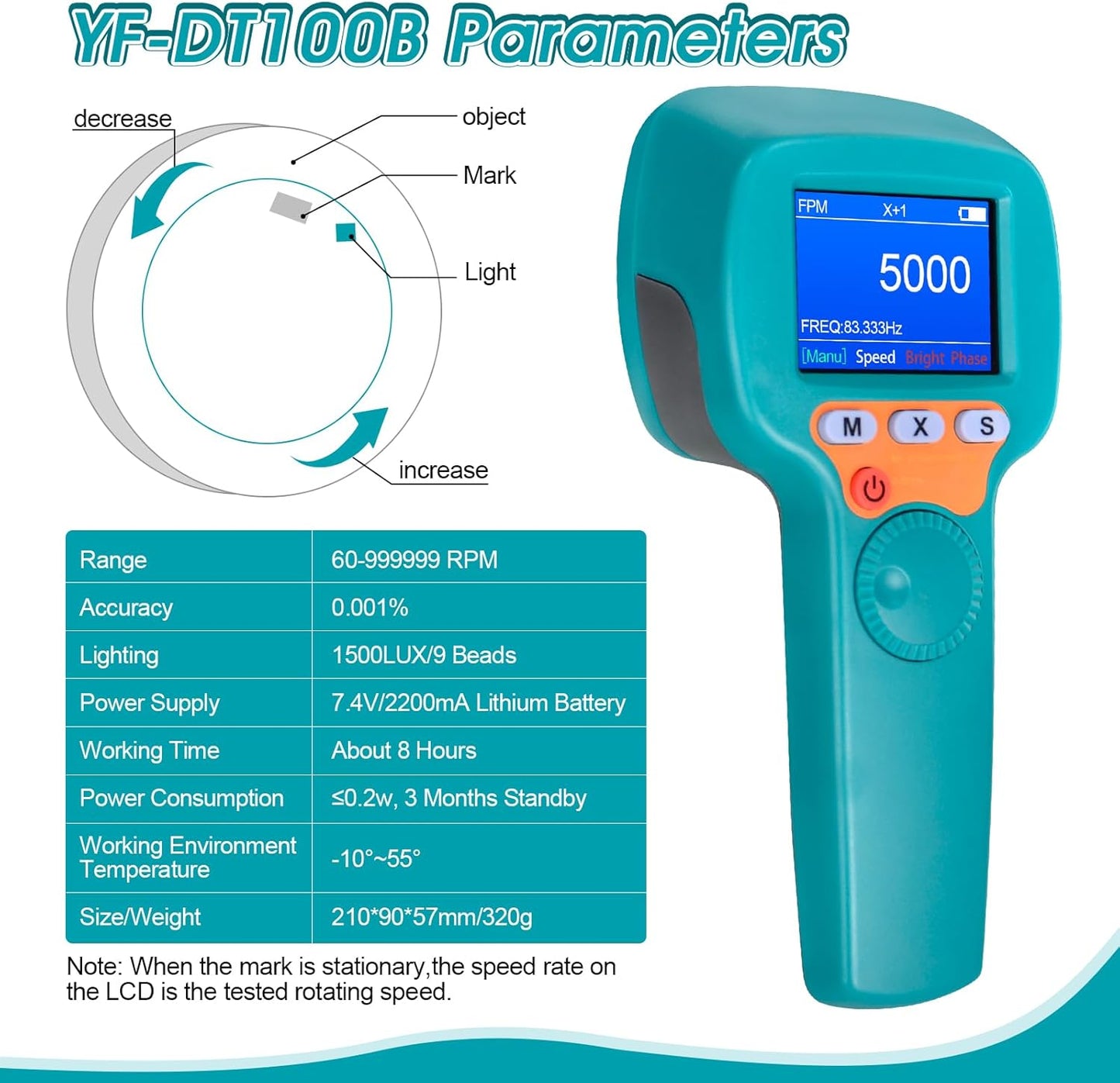 Digital Handheld Stroboscope 60-99999 FPM, LED Stroboscope YF-DT100B, 1500 Lux Strobe Tachometer with Full-Color LCD Display, Stroboscopic