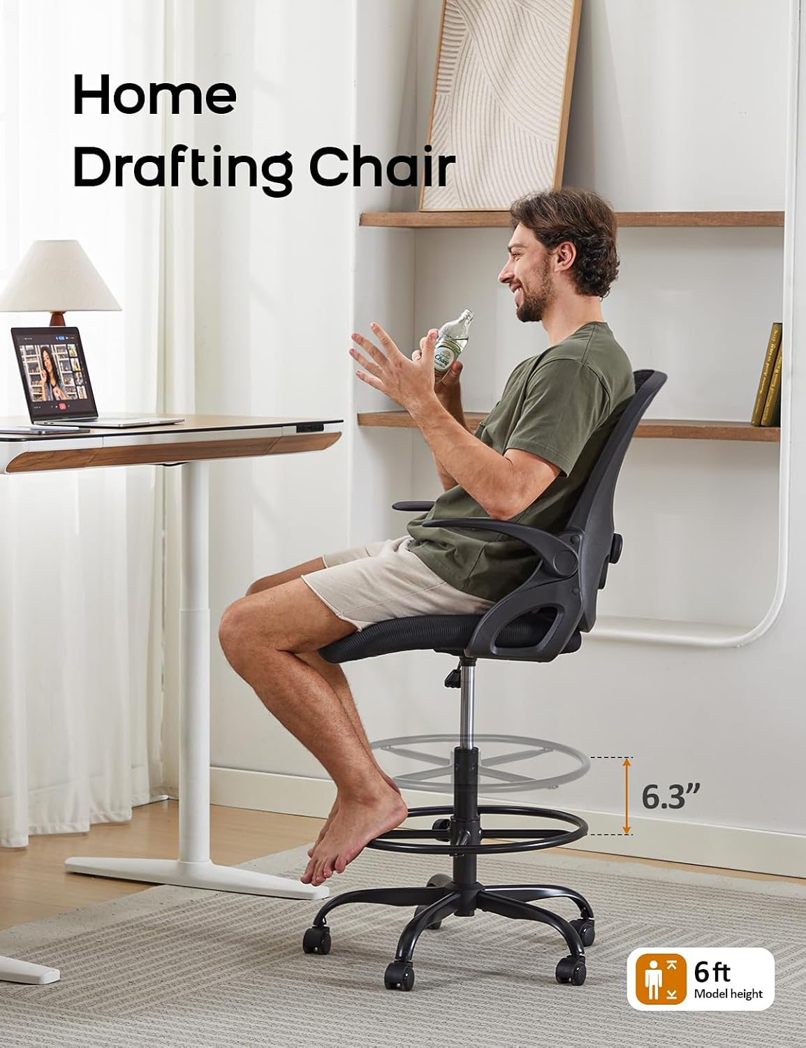 LukkDys Drafting Chair Tall Office Chair with Flip-up Armrests Ergonomic Computer Standing Desk Chair with Comfy Lumbar Support and Adjustable