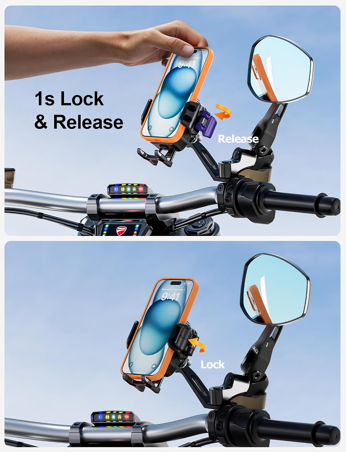 Kewig All Metal Motorcycle Cooling Phone Mount with Wireless & PD Charger | Qi2 15W & USB-C 36W, with Vibration Dampener, 1S Locking Motorcycle Rear-View Mirror Cellphone Holder for 5.4-7.2" Smartphone