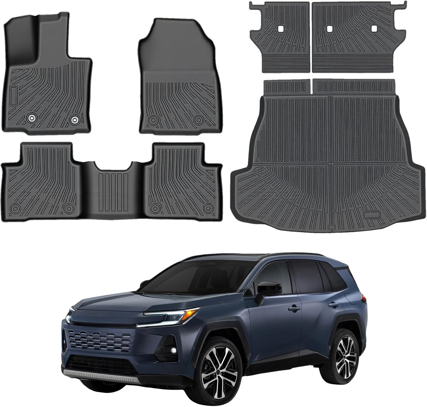 Car Floor Mats for 2026 Toyota RAV4 Hybrid All Weather TPE Trunk Cargo Liner with 2nd Row Backrest Protectors Full Set Waterproof Custom Fit Protect Factory Carpet RAV4 2026 Accessories