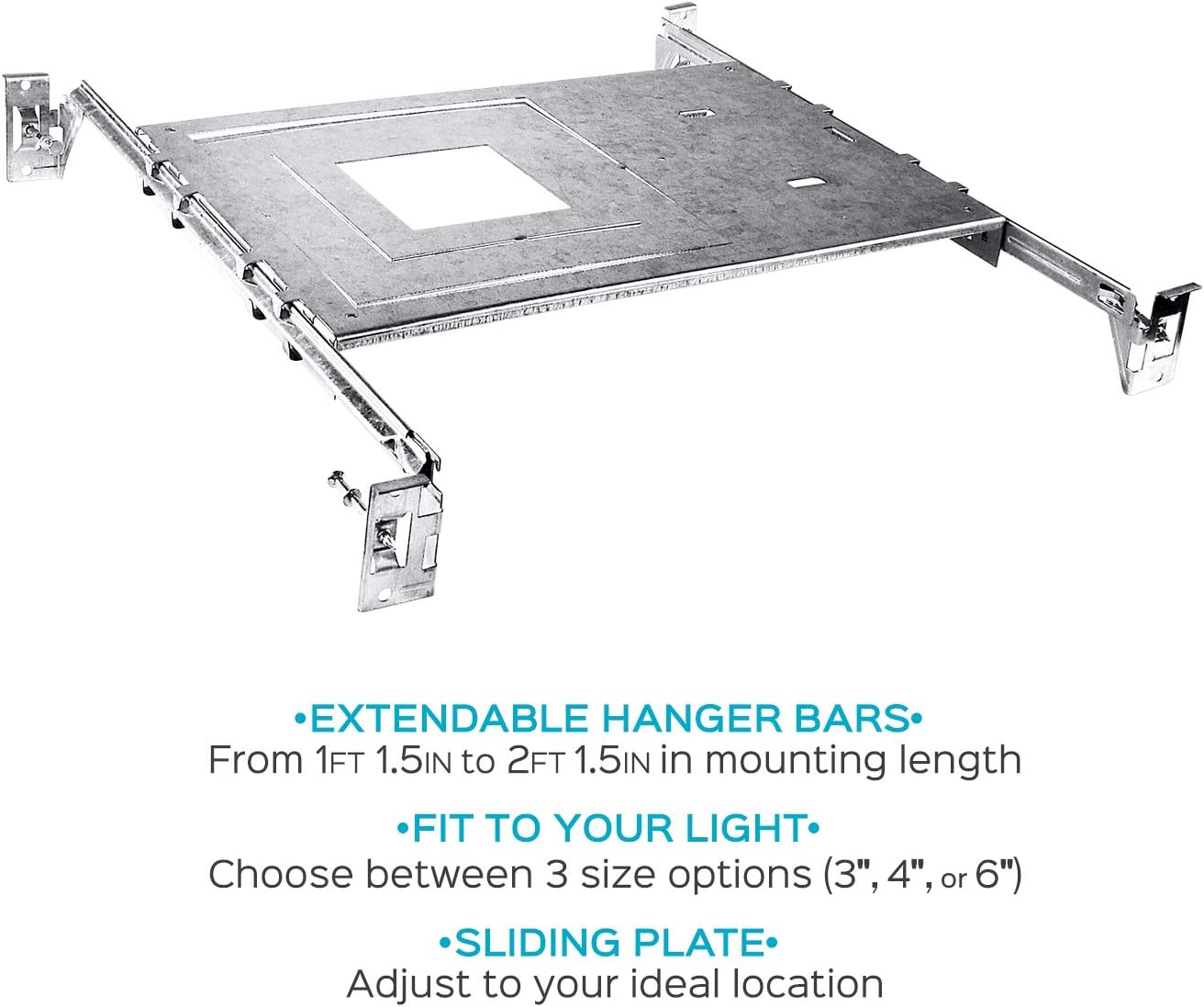 Luxrite New Construction Mounting Plate, 3-4-6 Inch Square LED Recessed Lighting Kits, Extendable Hanger Bars, ETL Listed - Shallow Recessed Light