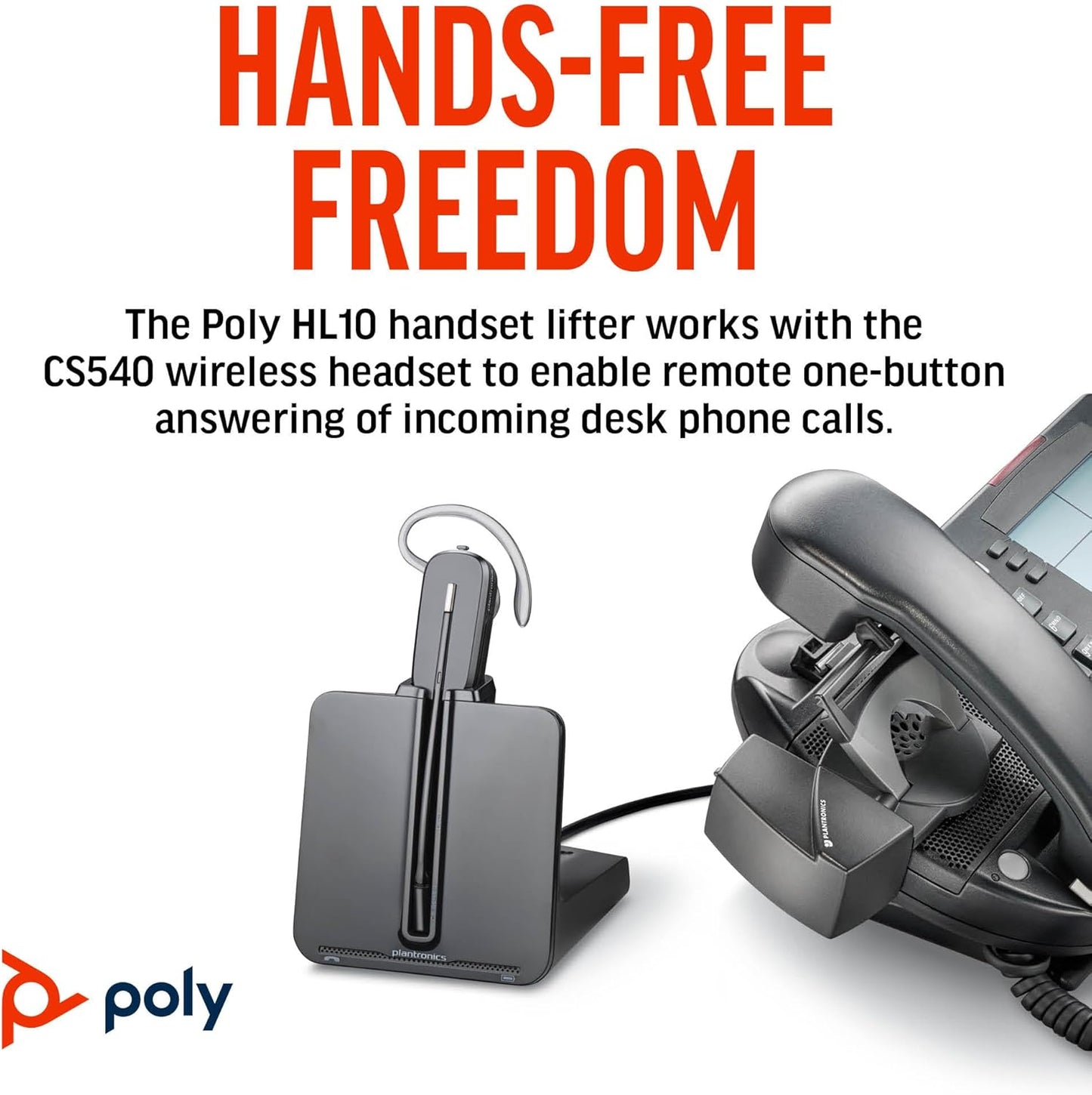 Poly CS540 Wireless DECT Headset with HL10 Lifter (Plantronics) - Single Ear (Mono) Convertible (3 wearing styles) - Connects to Desk Phone - Noise