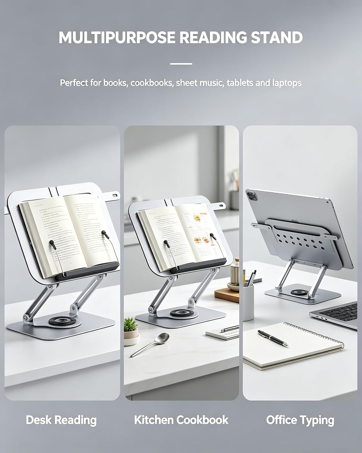 Book Holders for Reading Hands Free, 360° Metal Stand for Cookbook Sheet Music Typing