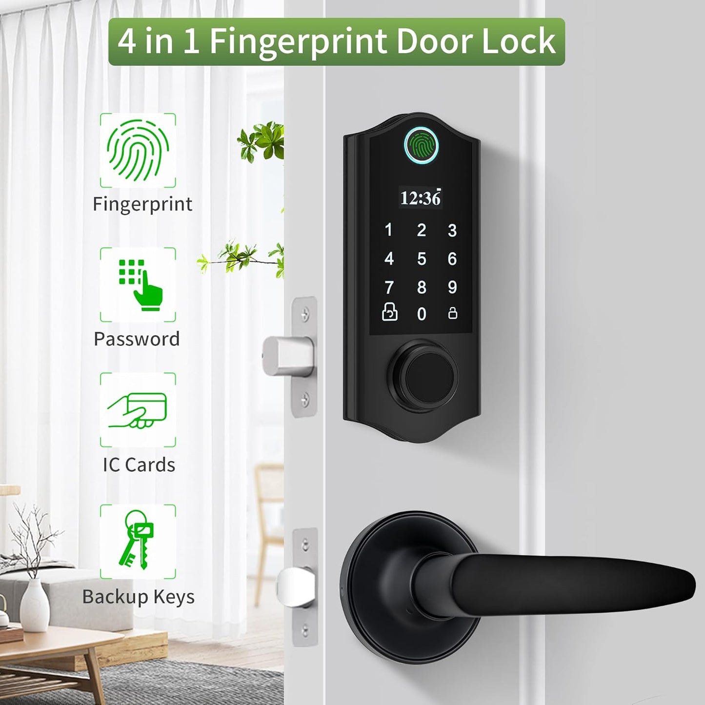 Harfo Fingerprint Door Lock with 2 Lever Handles, Smart Door Lock, Keyless Entry Door Lock, Door Locks with Keypads, Front Door Lock Set, Keypad Door