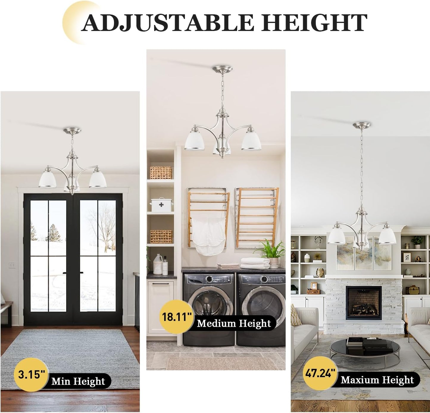 Brushed Nickel 3-Light Kitchen Island Light Fixture with Milk White Frosted Glass Shade for Dining Room Adjustable Height Silver Ceiling Hanging Light for Kitchen,Entry,Dining Table,Foyer silver-a small