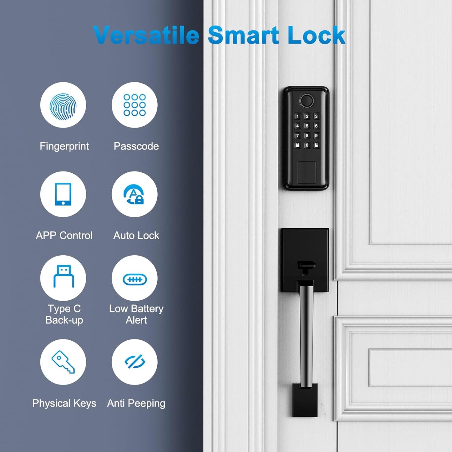 Keyless Entry Door Lock, SEVEKO Smart Locks for Front Door with Handle, Fingerprint Front Door Lock Set with APP Control, Keypad Deadbolt Door Lock,