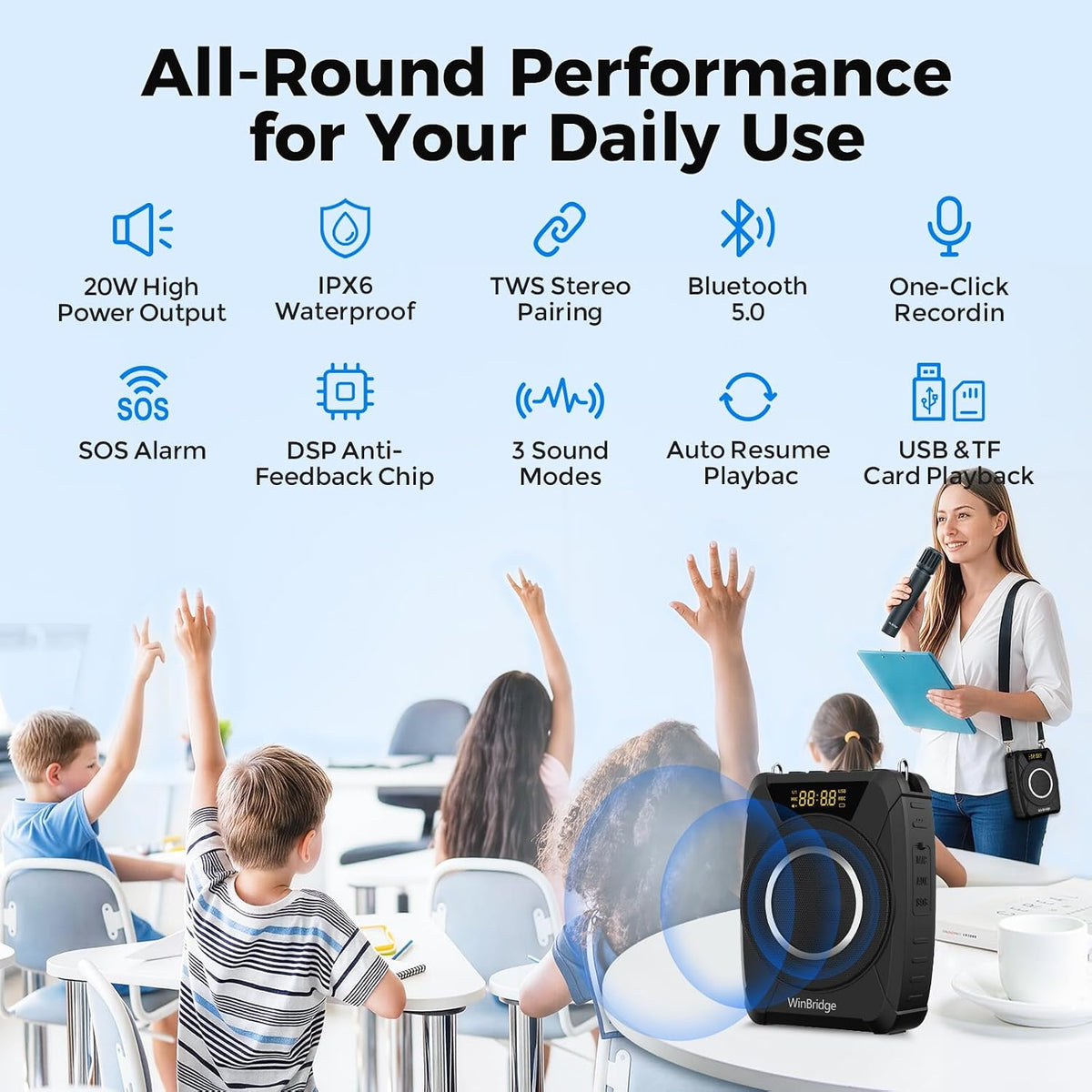 20W Portable Voice Amplifier for Teachers, Wireless Mic, PA Speaker M802
