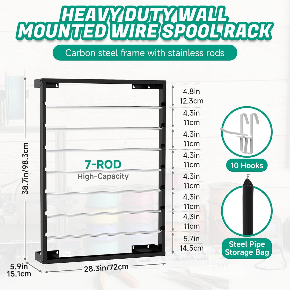 Heavy Duty Wall-Mounted Wire Spool Rack with 7 Adjustable Stainless Steel Rods – Cable Reel Holder and Dispenser Includes Steel Pipe Storage Bag & 10 Hooks for Electrical and Industrial Use (Black)