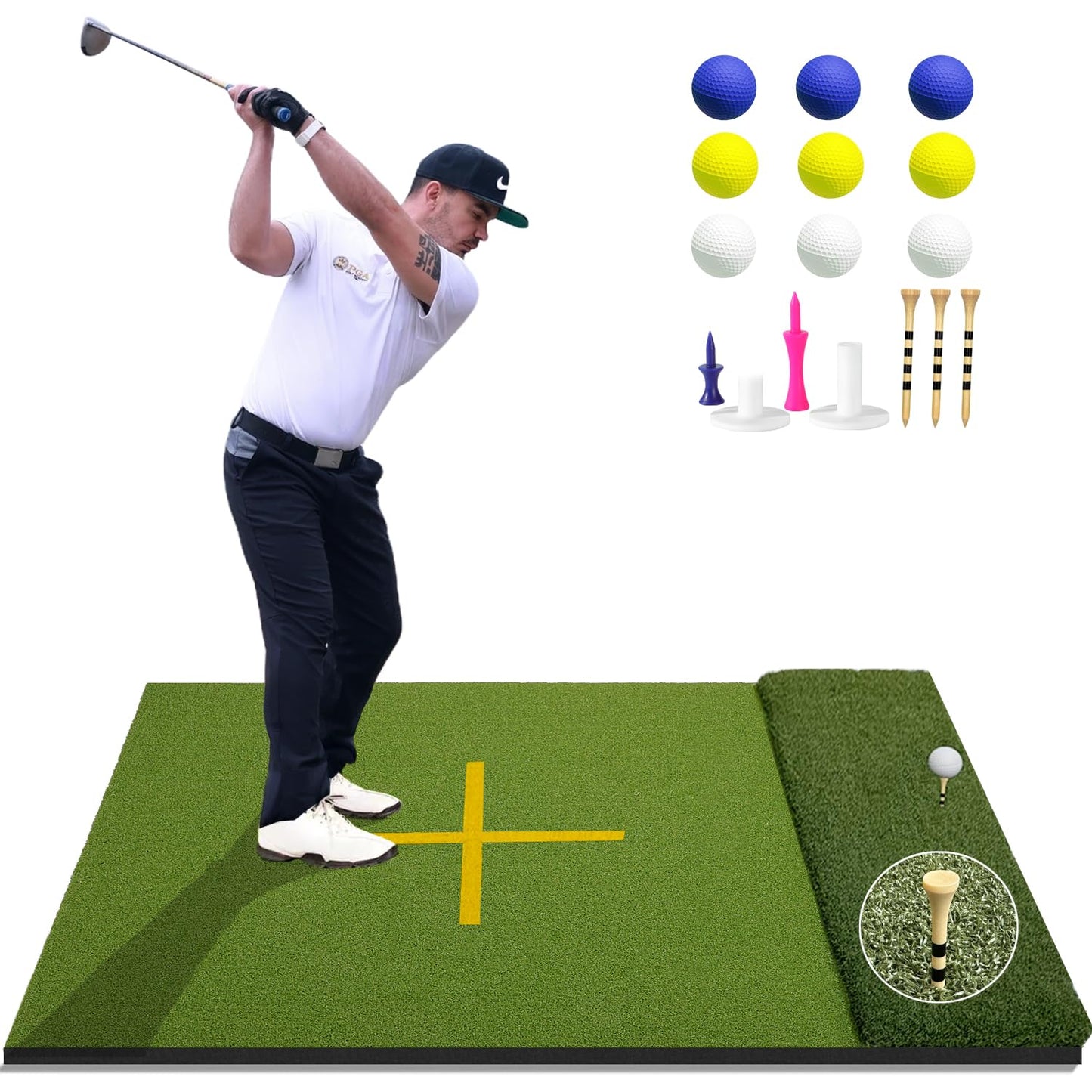 DCQ Golf Hitting Mat with Tee Turf, Extra Large Hitting Area, Practice All Clubs with Full Swing, Golf Mats Practice Outdoor & Indoor, Driving Chipping Putting, Works with Golf Simulators