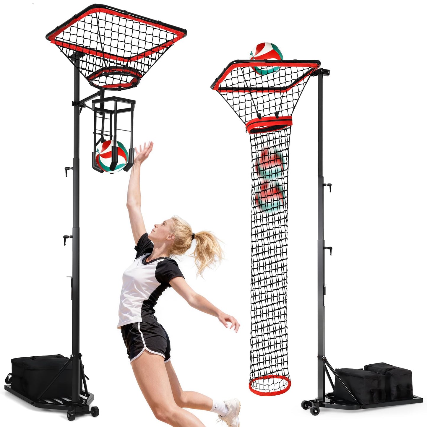 Volleyball Spiking & Setting Trainer, Adjustable Height 93"-126" Solo Practice Equipment, Heavy Duty 88LBS Sandbag Base with Transport Wheels for Indoor Outdoor Backyard Training