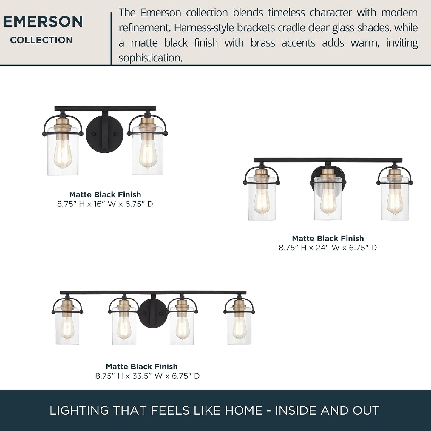 Quoizel Emerson 24" 3-Light Matte Black Vanity Light, Bathroom Lighting Fixture with Clear Glass Shades, Transitional Wall Mount for Over Mirror Matte Black 3-Light