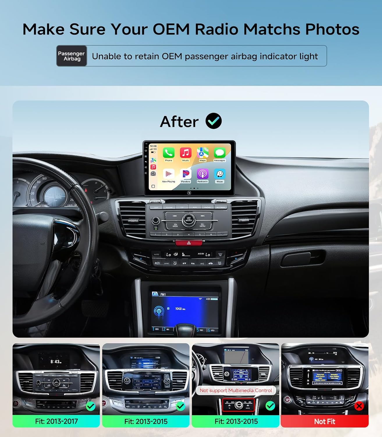 Car Radio Stereo for Honda Accord 2013 2014 2015 2016 2017 10.2 Inch IPS HD Touch Screen Wireless CarPlay Android Auto, GPS FM/SWC Bluetooth Steering Wheel Control
