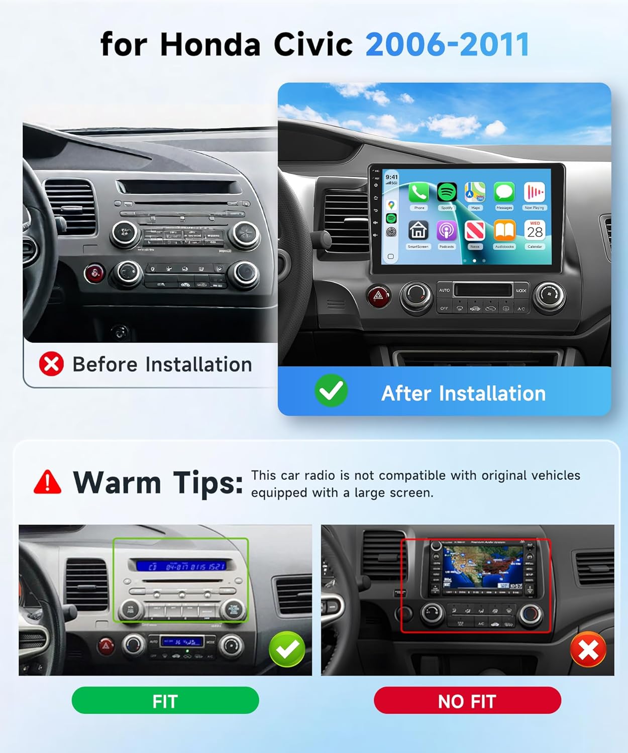 4G+64G Car Radio Stereo for Honda Civic 2006-2011 10.1inch IPS Touch Screen/Android 15/Wireless CarPlay/Android Auto/DSP 32 EQ/GPS Navigation/WiFi/5.0Bluetooth/FM/RDS/SWC/AHD Backup Camera