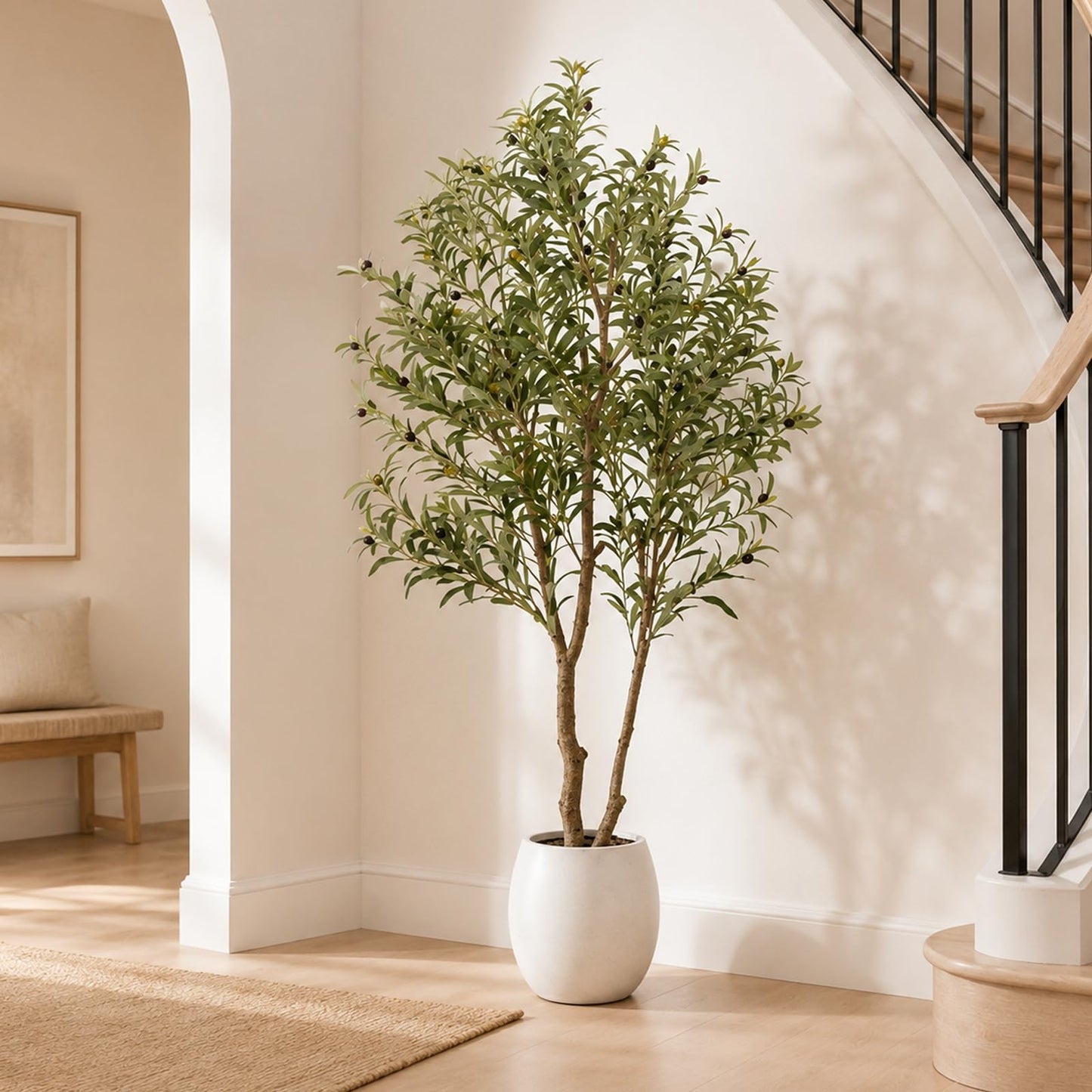 Faux Olive Trees Indoor, 7FT Tall Fake Olive Tree with Black Planter | Fake Potted Olive Silk Tree, Olive Wood Trunk and Lifelike Fruits Artificial Plants for Home Living Room Office Decor Indoor