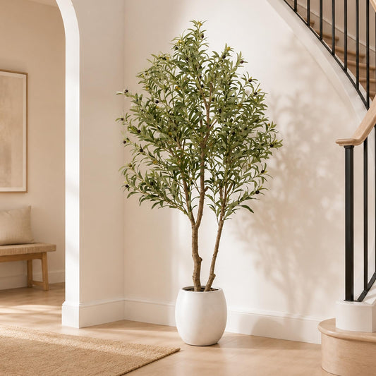 Faux Olive Trees Indoor, 7FT Tall Fake Olive Tree with Black Planter | Fake Potted Olive Silk Tree, Olive Wood Trunk and Lifelike Fruits Artificial Plants for Home Living Room Office Decor Indoor
