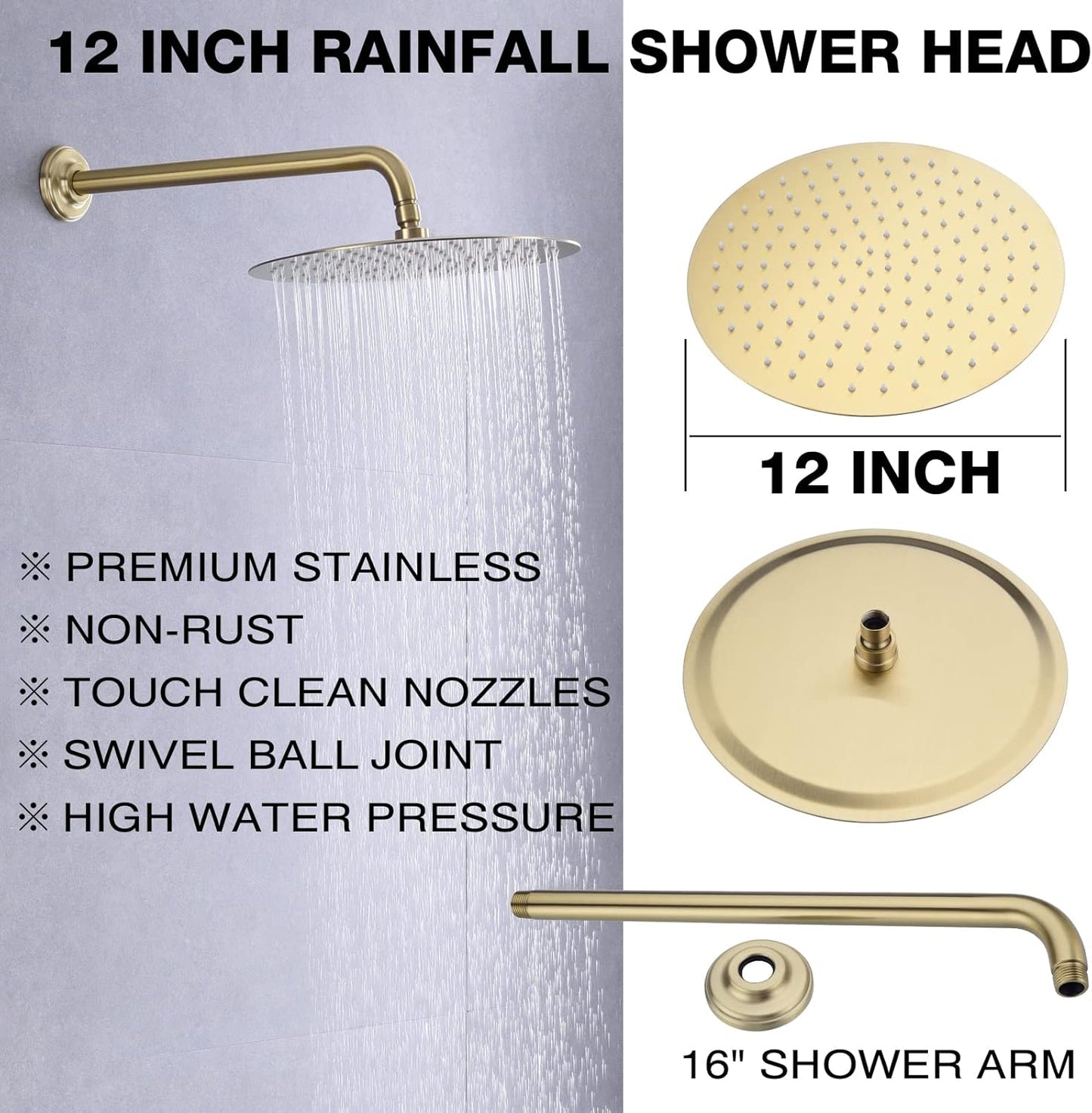 TRUSTMI Rainfall Shower System, Pressure Balanced Shower Set, 12 Inch Shower Trim Kit, Wall Brass Rough-In Valve Included, Brushed Gold (Brushed Gold)