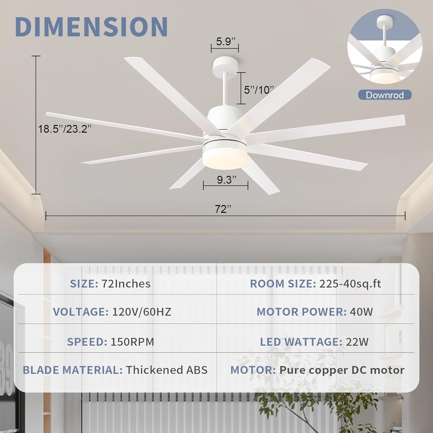 Melkelen 72inch Ceiling Fans with Lights and Remote,8-Blades Ceiling Fan,Quiet Reversible DC Motor,6 Speed,Dimmable,Indoor/Outdoor White Ceiling Fan