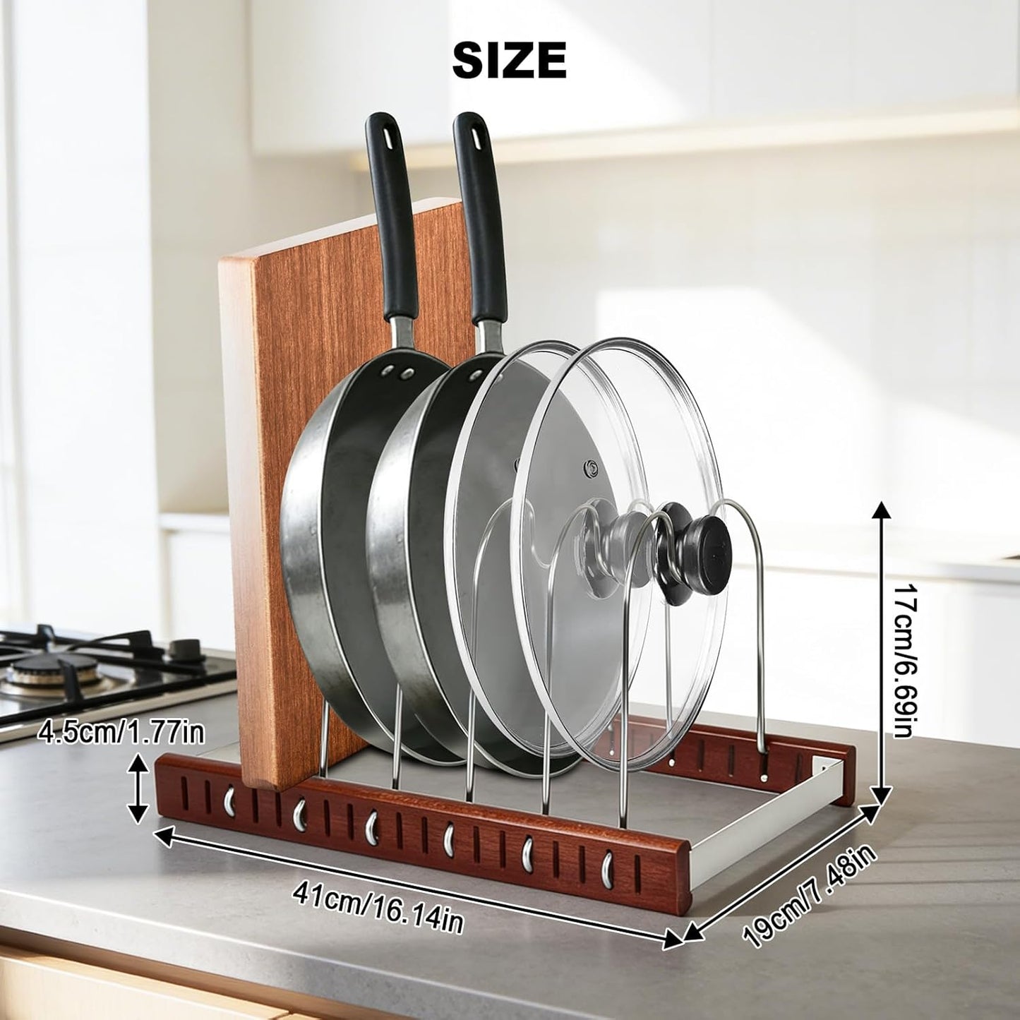 Kitchen Cabinet Organizer - Space-Saving Cutting Board Holder W Oak Base & Self-Adaptive Flexible Design for Tray, Baking Sheet, Cutting Board, Cookware, Skillets - Pot Lid & Pan Organizer Storage
