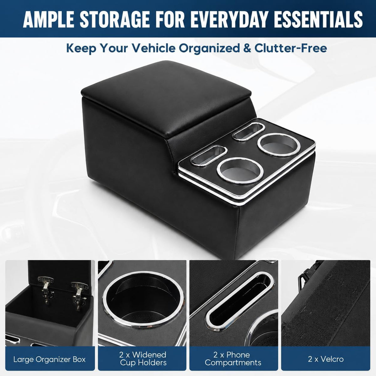 Bench Seat Center Console for Trucks, Cup and Phone Holders, Black
