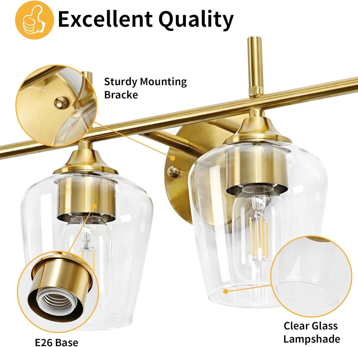 Bathroom Light Fixtures 6 Light Gold Vanity Light with Clear Glass Shade, Brushed Brass Bathroom Lighting Over Mirror,