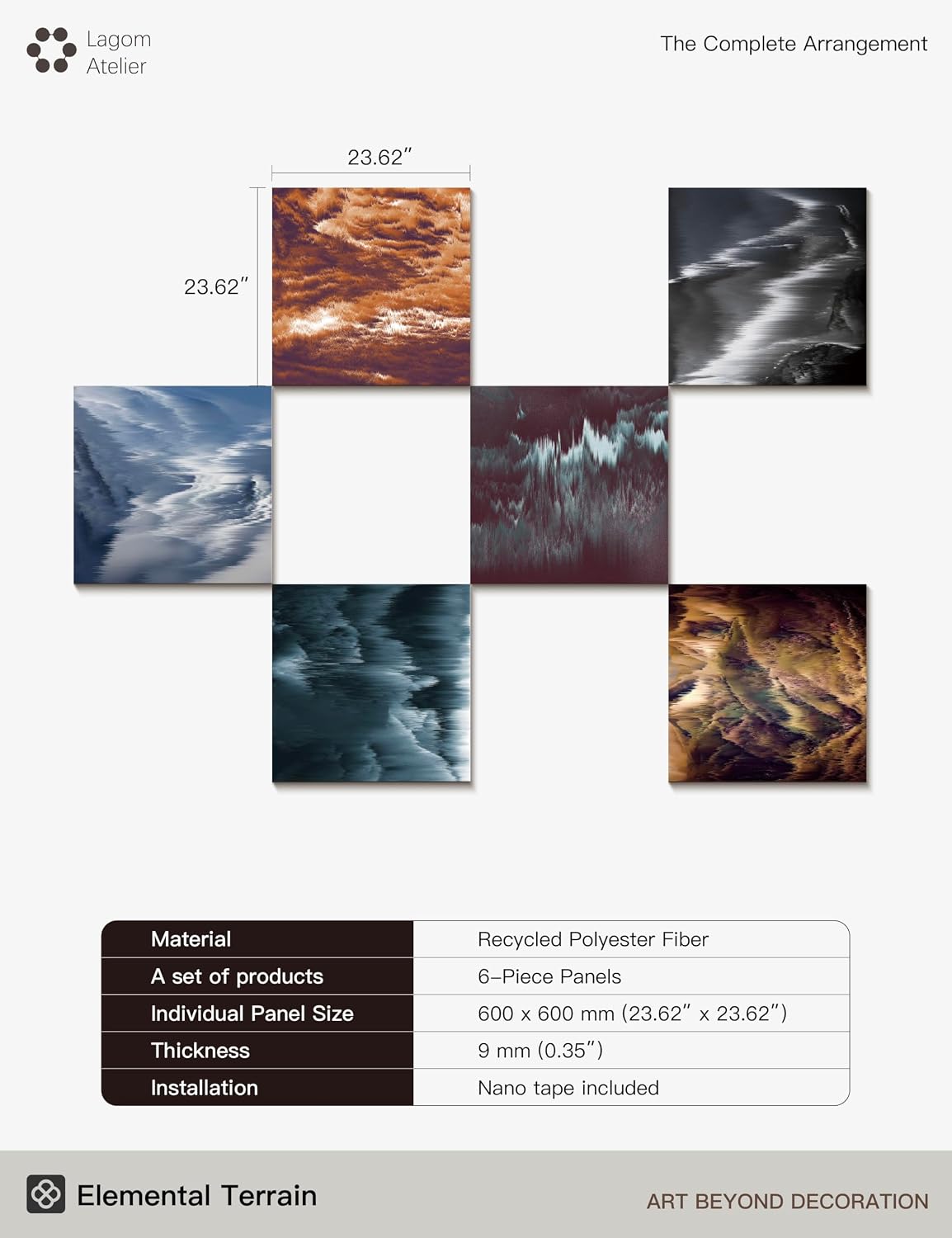 Acoustic Panels for Walls, Sound Absorbing Panels, 23.62 x 23.62 In | Easy Peel & Stick, 6 Pack, For Bedrooms, Studios & Living Rooms, Elemental Terrain 72 x 48 Inches Elemental Terrain