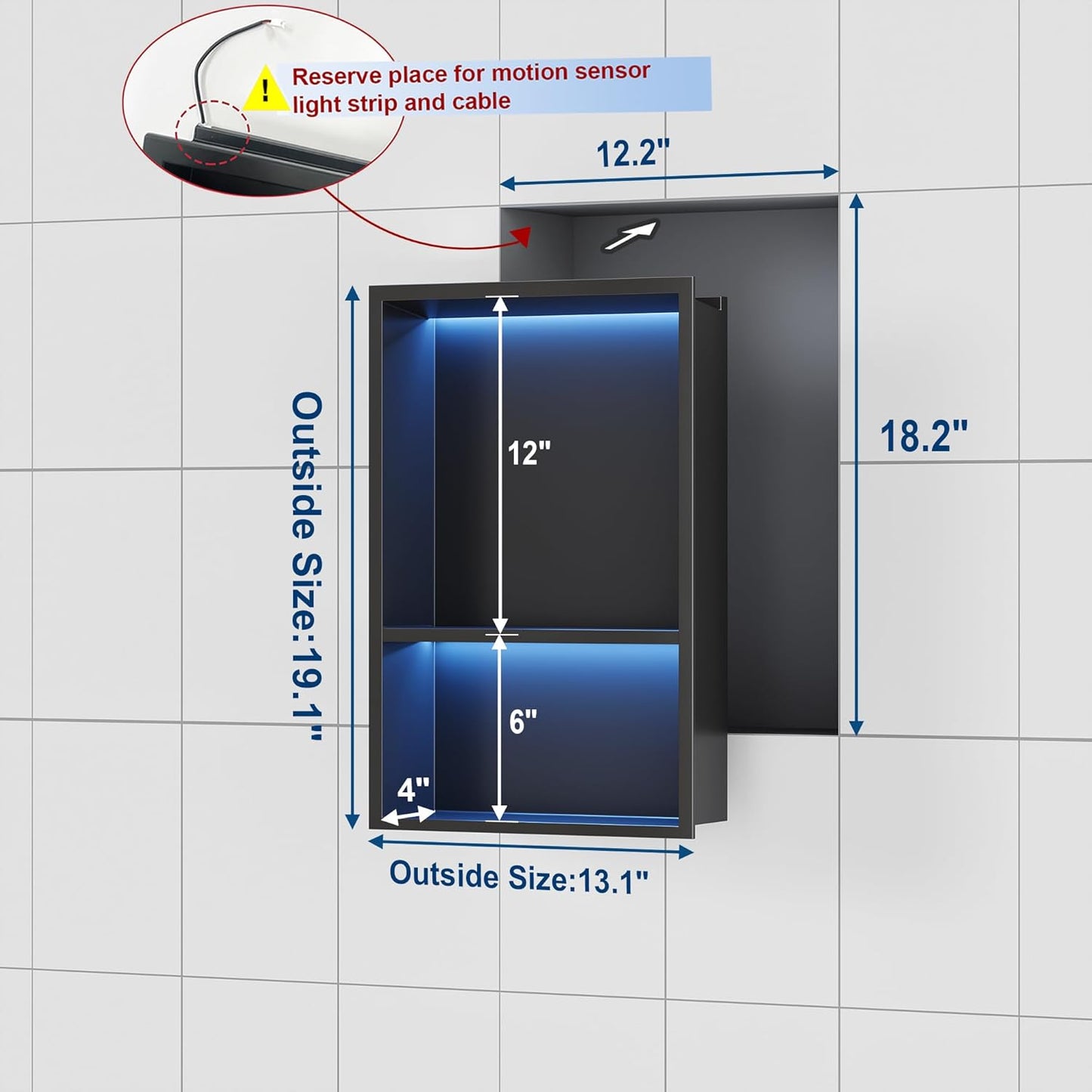 Qeke Stainless Steel Shower Niche 12&#34; X 18&#34;, No Tile Needed Wall Niche with RGB Led Light, Recessed Niche Shower f