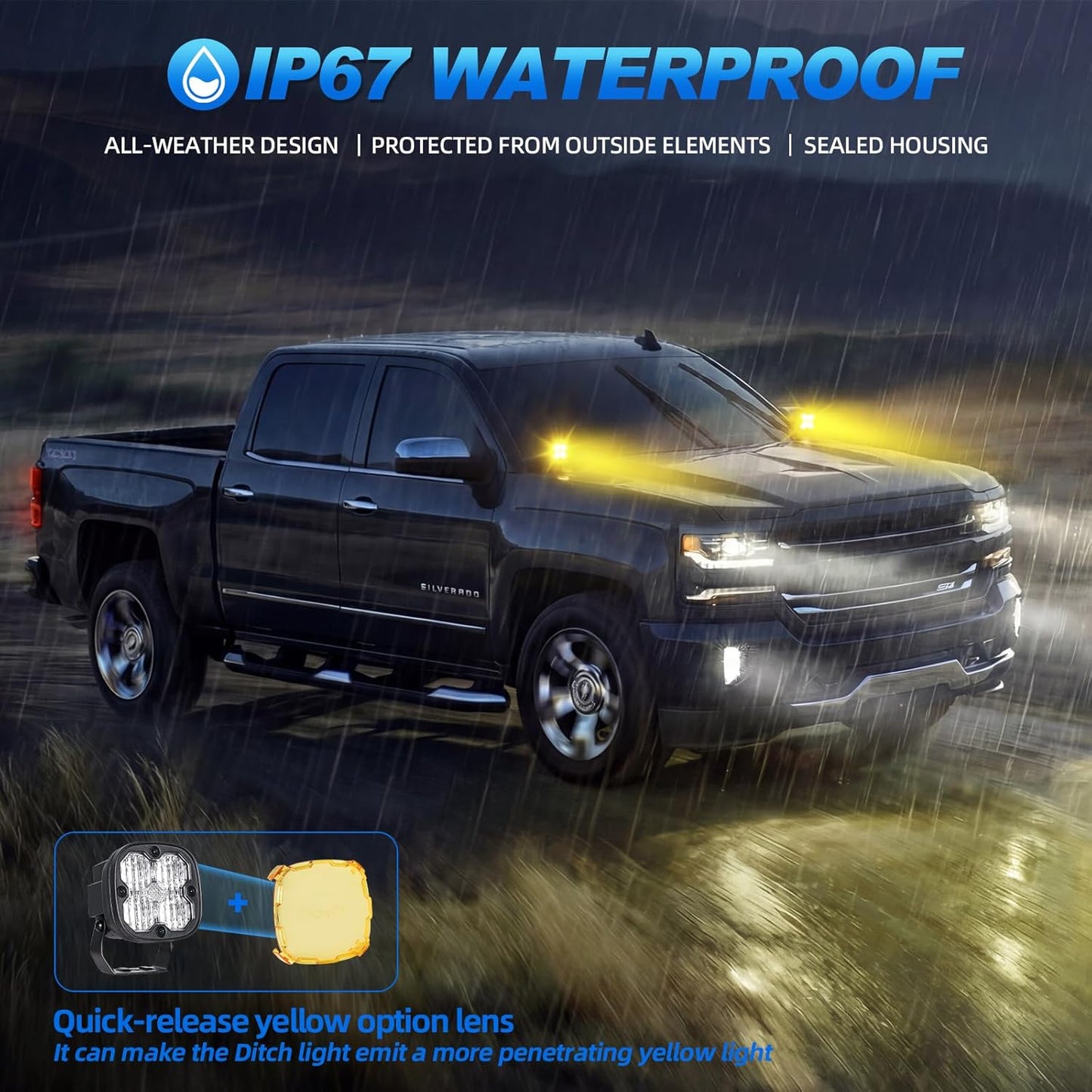 3 Inch LED Ditch Lights for 2014-2019 Silverado 1500, with A-Pillar Brackets Wiring Harness Combo Kits, 40W Spot Flood Offroad LED Lights Bar Pods White Yellow Lihgt, Pair C| Ditch Lights | 2014-2019 Silverado 1500