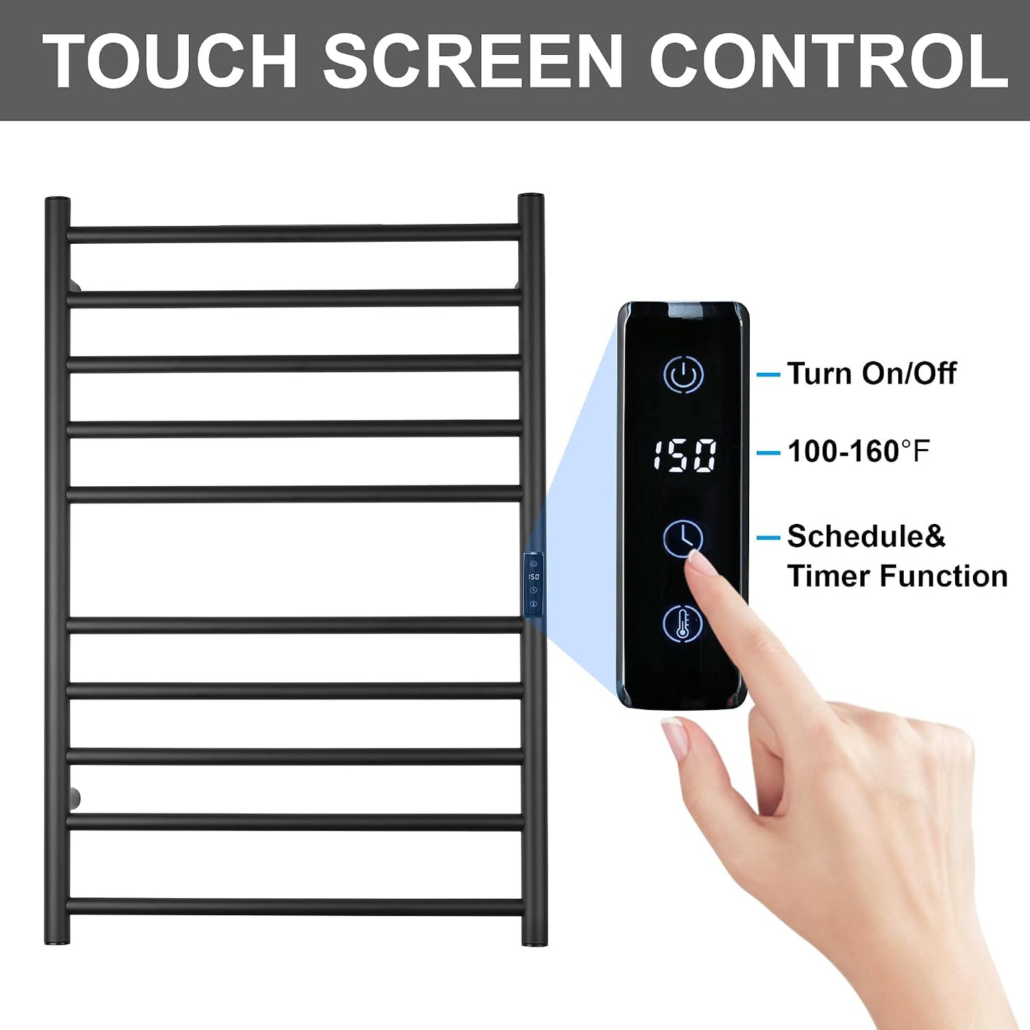 Electric Towel Rack with Voice Control for Alexa & Google Home,TUYA-Wall-Mounted Bathroom Heating Towel Warmer,Stainless Steel Material,31.5x20.08x4.41in,Plug-in,Black,10 Bars 10 Bar Black With Wifi