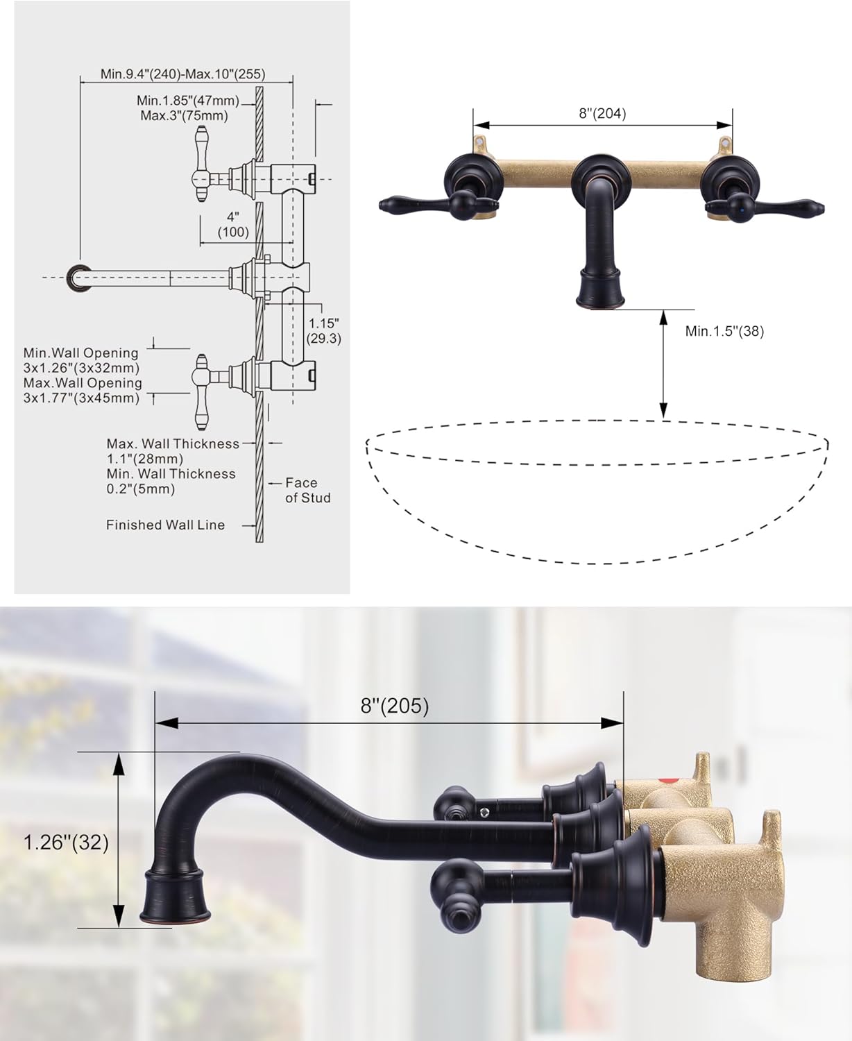 Bronze Bathroom Faucet Wall Mount: WOWOW 2 Handle Bathroom Sink Faucet 3 Hole Installation Lavatory Faucet with Rough in Val