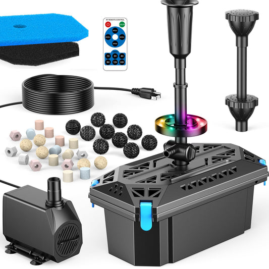 Antfraer Pond Filter with Fountain Kits, 660GPH Submersible Pond Pump with RGB LED Lights & Remote, All-in-One Pond Filter for Outdoor Ponds, Koi Pond, Water Gardens & Waterfall, Up to 1300 Gallons 660GPH with U-V & RGB Lights
