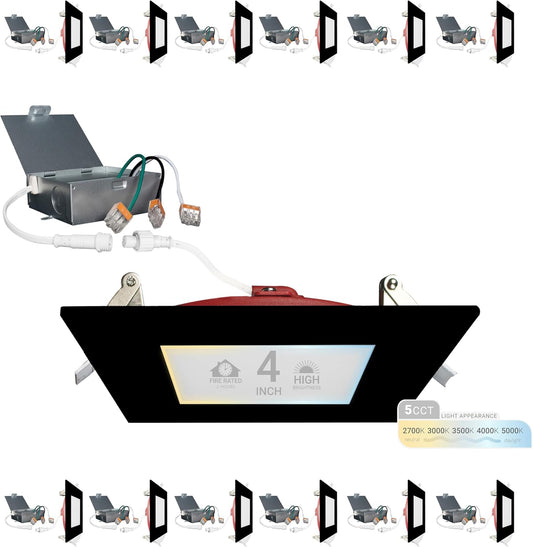 NUWATT 12 Pack, 4 Inch 2 Hour FIRE Rated LED Recessed Light, 2700K/3000K/3500K/4000K/5000K Selectable, 900 Lumen Dimmable, IC Rated, Square Black