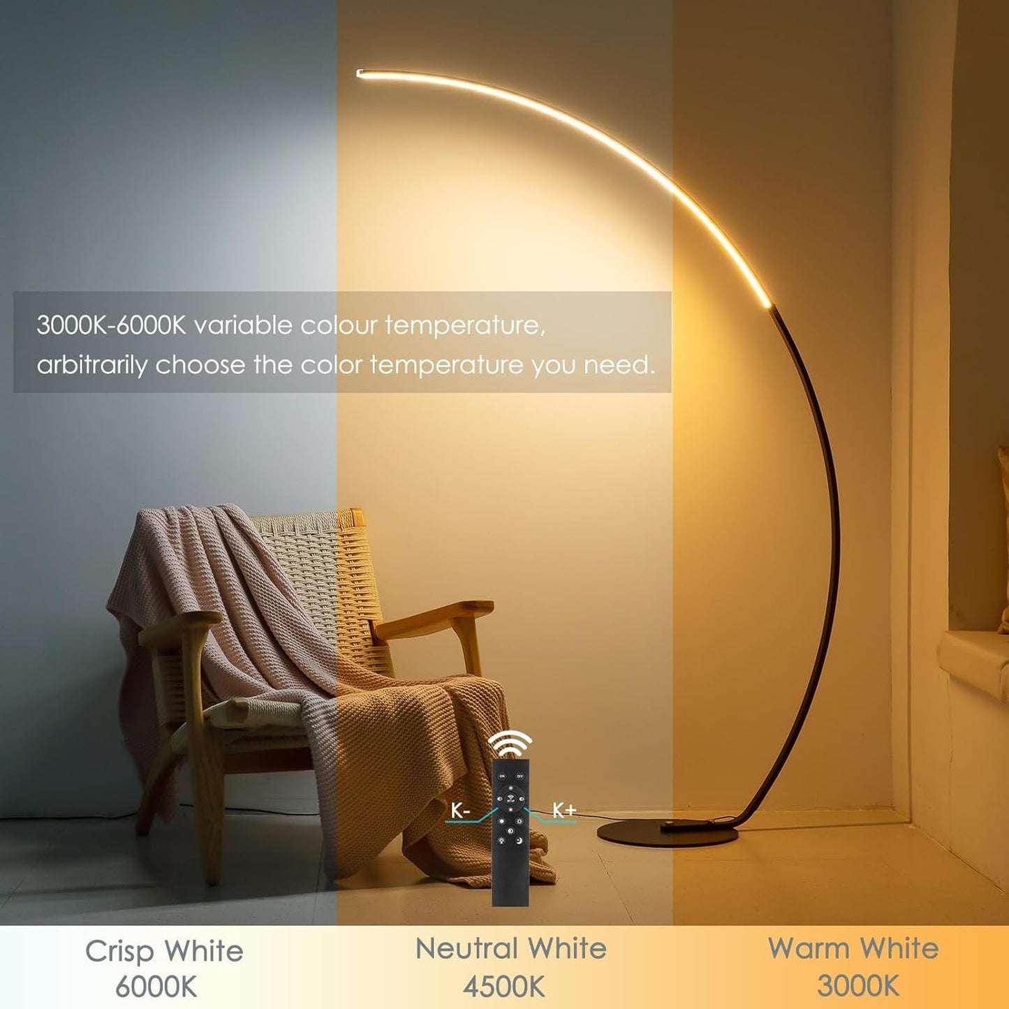 Arc Floor Lamp with Remote Control - Modern Standing Bright LED Floor Lamp for Living Room Bedroom Office - Adjustable Color Temperatures and Steple