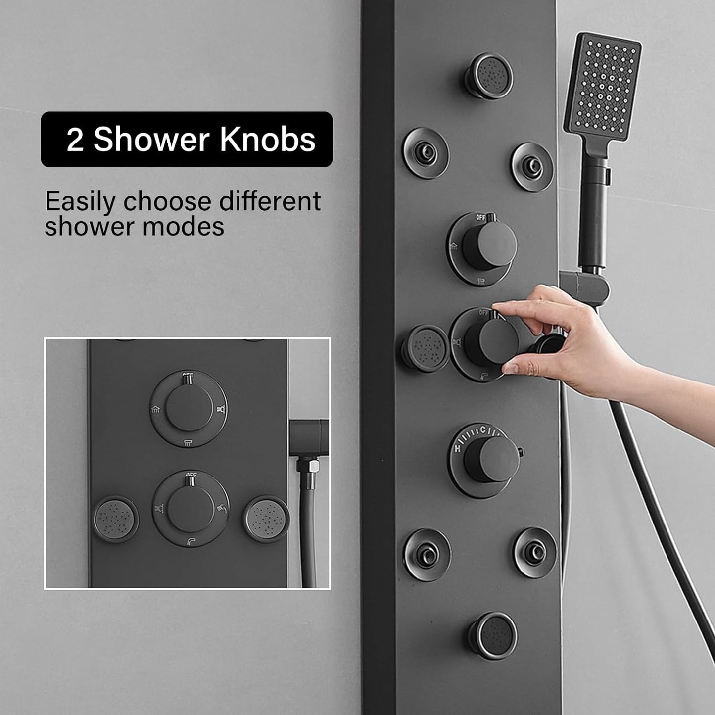 5 IN 1 Rainfall Waterfall Shower Panel with Handheld Shower Matte Black Stainless Steel Shower Tower Panel System Massage Body Jets with Tub Spout