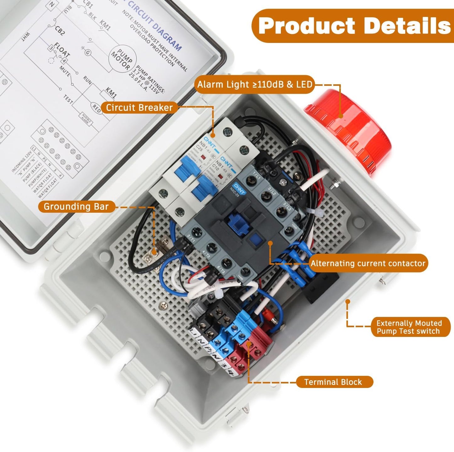 Upgraded Septic Control Panel with Septic Alarm, Pump Circuit Breaker, 14 AWG Power Cord, Float Switch, High Water Septic Tank Alarm with Flashing Lights, 110 DB Audible for Efficient Warning