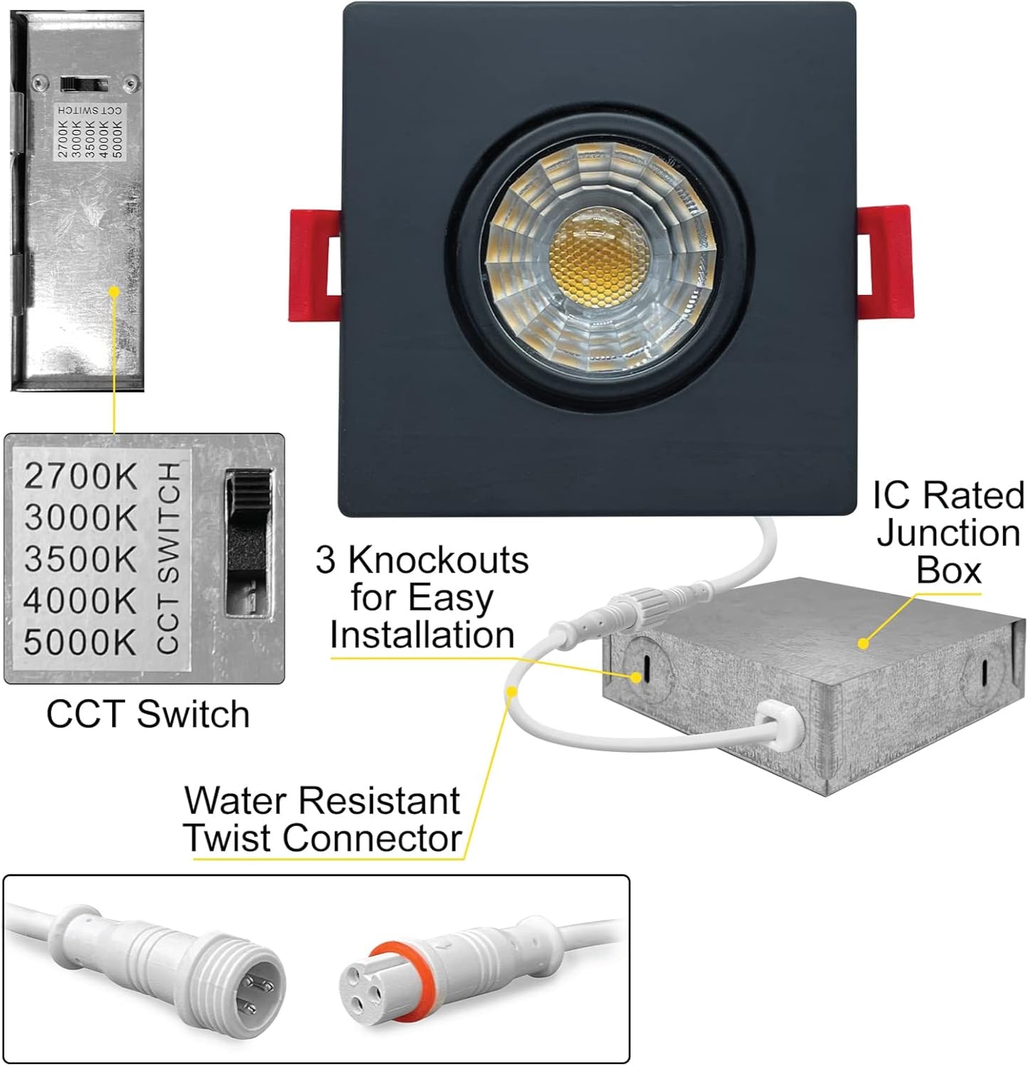 NUWATT | 16 Pack | Black 3 Inch Square Adjustable LED Ceiling Light Gimbal Recessed Lighting Dimmable Canless Downlight 5CCT 2700K | 3000K | 3500K |