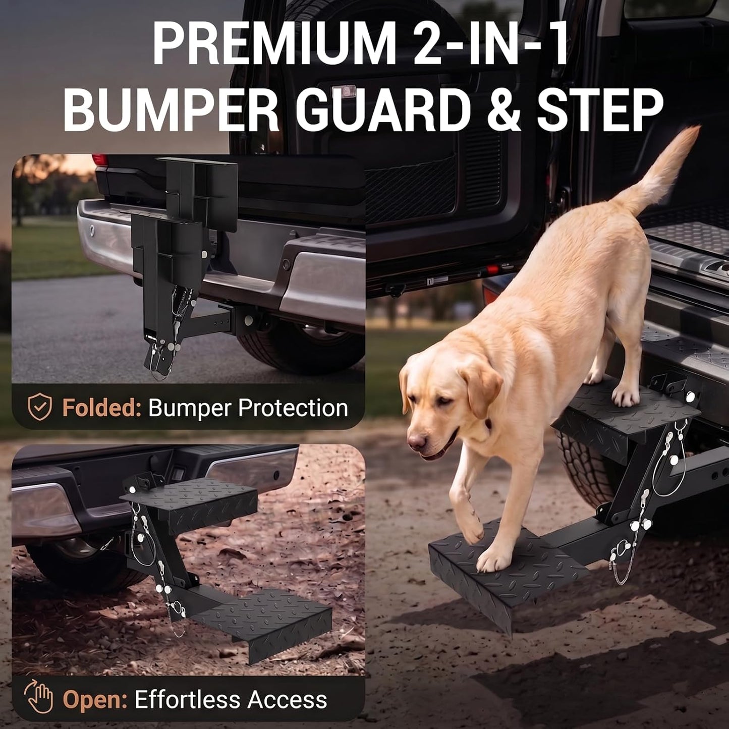 Anti-Loss Pin Hitch Step - Folding Truck Step with Safety Strap for 2" Receiver, 4-Level Adjustable Height Bumper Step for RV Trailer Pickup SUV Camper Van Access