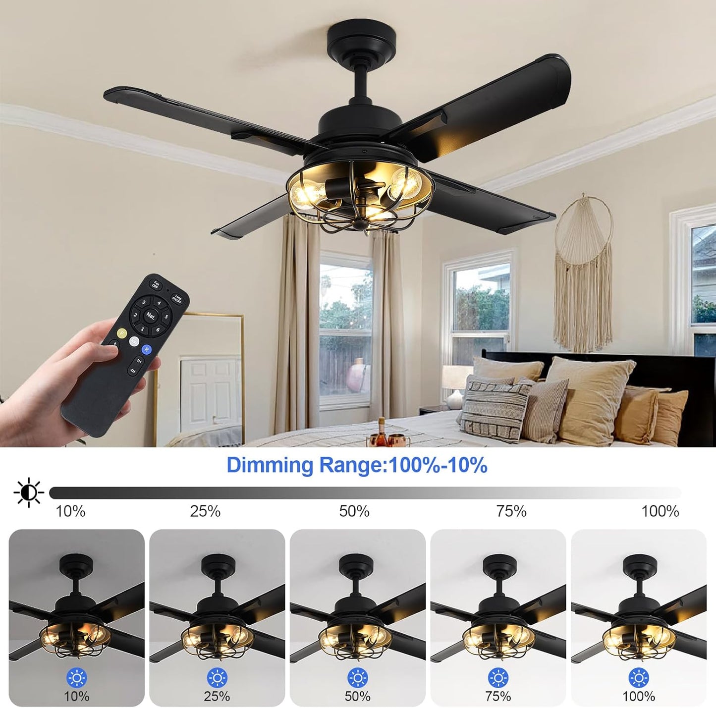 ZHENYANGLOW 42 &#34;Vintage Industrial-Style Black Aluminum Fan Lights | Ideal for Home, Commercial and Office Spaces | Fan