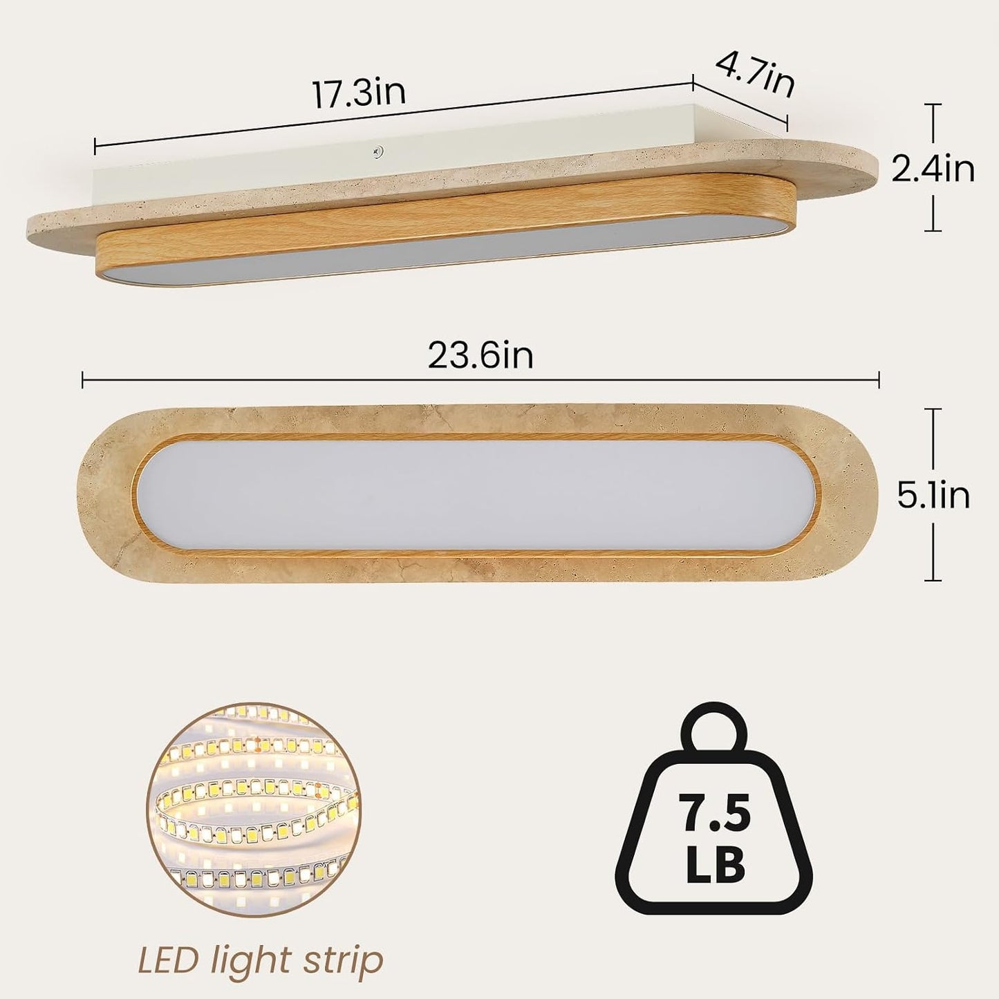 23.6 inch Wabi Sabi Travertine Ceiling Light Fixture, Natural Stone Linear Ceiling Lamp with Wood Grain Metal Frame, 3000K LED Travertine Stone Flush Mount Light for Hallway, Entrance, Corridor