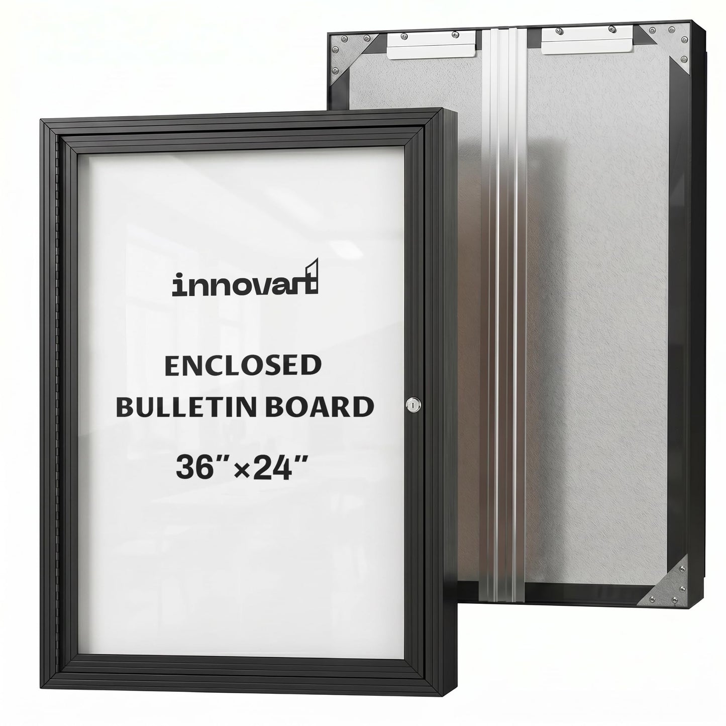 INNOVART Outdoor Enclosed Bulletin Board Weatherproof 36”x24” | Lockable Dry Erase Board with Black Aluminum Frame, Outdoor Enclosed Magnetic Whiteboard with Single Swing-Open Door Black Frame Dry Erase 36"X24"